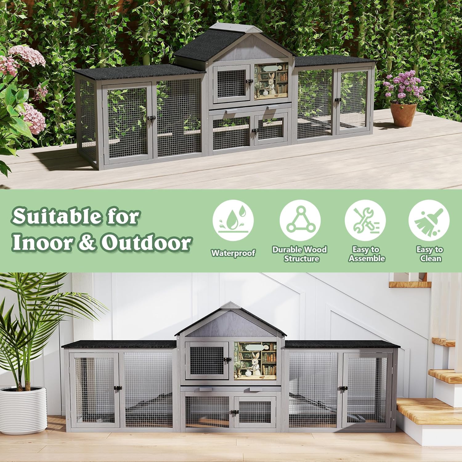 COZIWOW 82inches Extra Large Wood Rabbit Hutch Outdoor Easy to Assemble and Stable Bunny Cage Indoor with Cleaning Tray & Waterproof Roof for Small and Medium Bunny Rabbit Chick（Grey with Pattern）