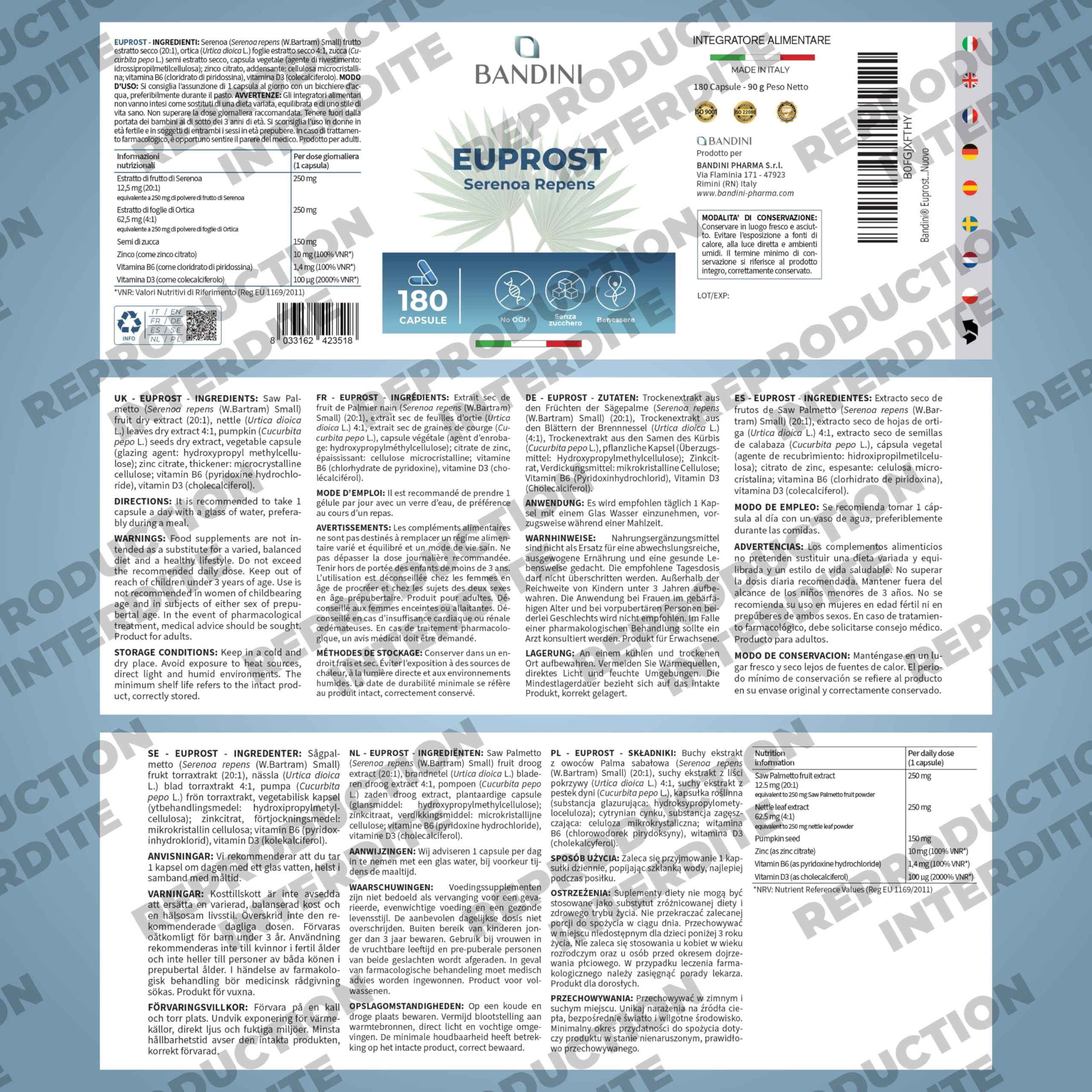 Bandini® Euprost Serenoa Repens 180 gélules | Palmier nain (Saw Palmetto), Graines de Courge, Ortie, Zinc, Vitamine D3 & B6 | Confort Urinaire hommes | Extrait 20:1 standardisé à 30% en acides gras