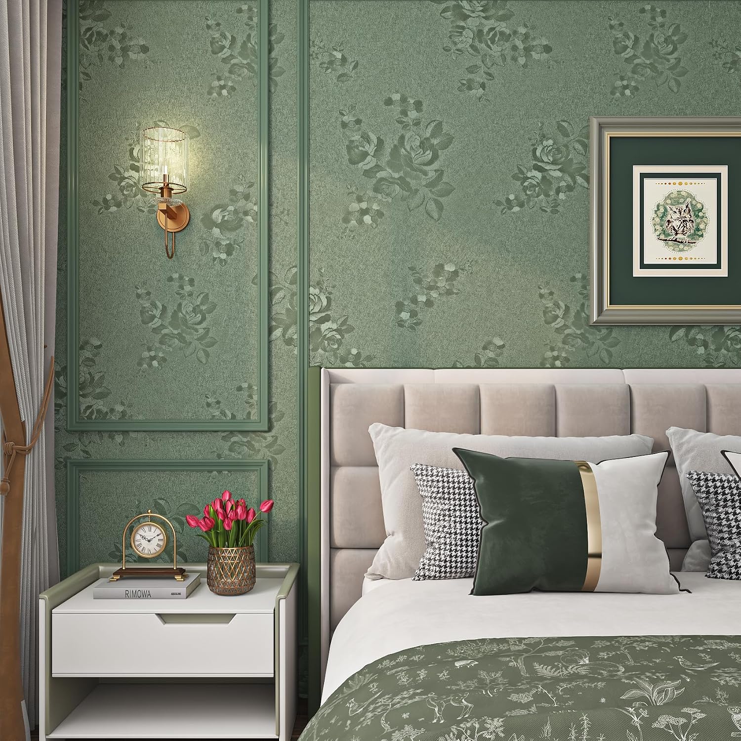 Livelynine Green Textured Peel and Stick Wallpaper Thick Embossed Floral Contact Paper for Cabinets Drawer Self Adhesive Shelf Liner Dark Green Flower Victorian Vintage Wall Paper Bathroom 15.8x78.8