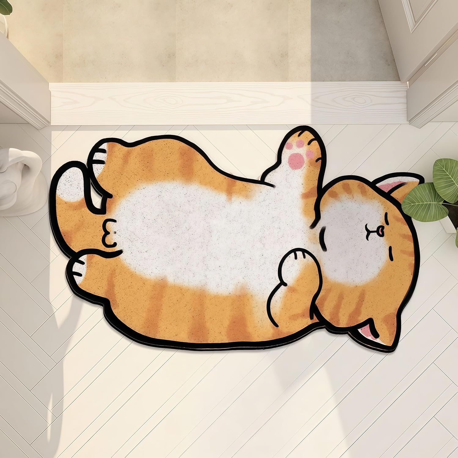 32"x20" Cat Litter Box Trapping Mat, Cute Kitty Design, Soft Comfortable, Easy Clean, Anti Slip PVC Material Liners (Shape B)