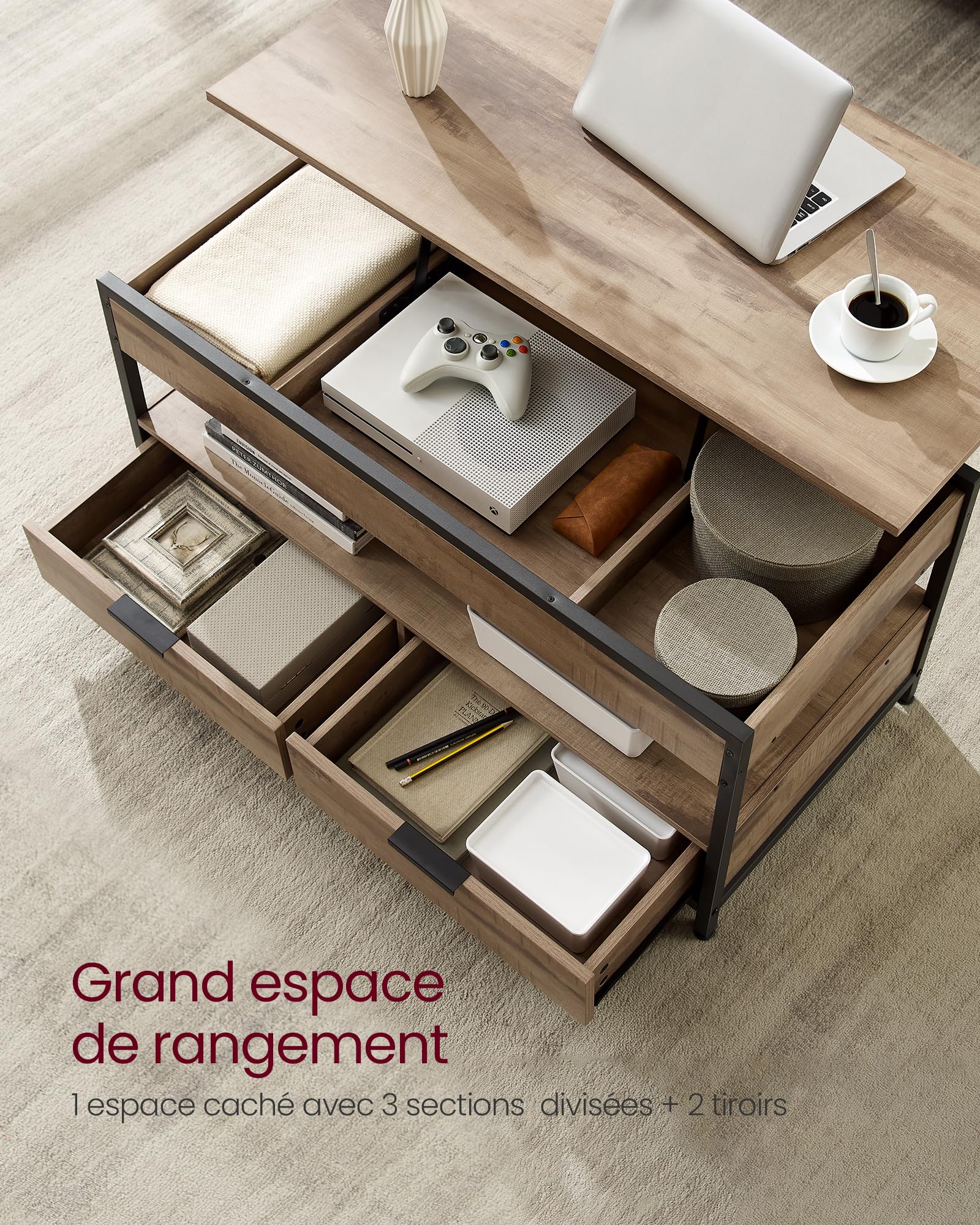 Table Basse Relevable Avec Rangement - Plateau Réglable, Design Industriel, Marron/Noir