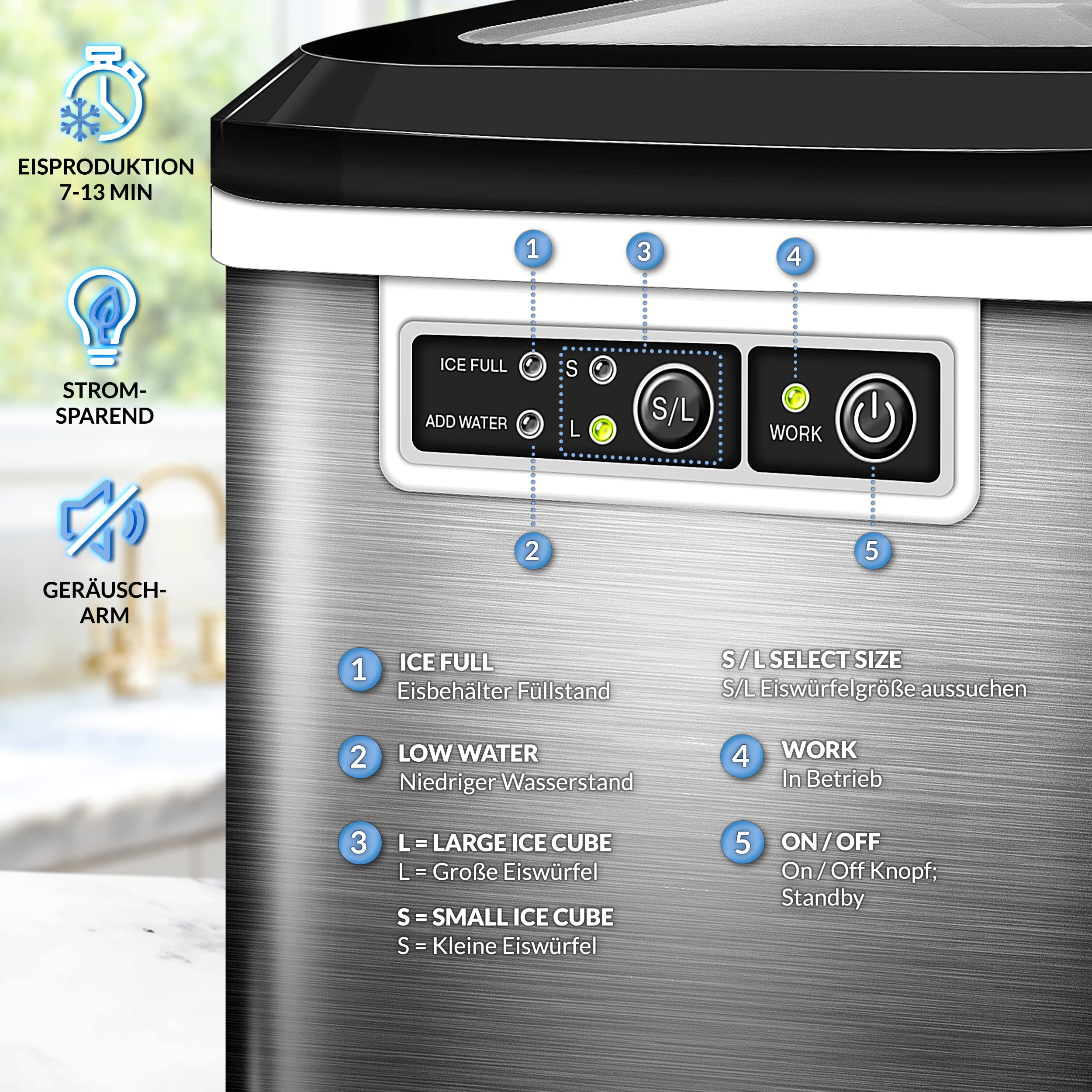 tillvex Eiswürfelmaschine Edelstahl 12 kg - 24 h | Eiswürfelbereiter 2,2 Liter Wassertank | Ice-Maker LED-Display & Selbstreinigungsfunktion | 2 Eiswürfel Größen (Silber)