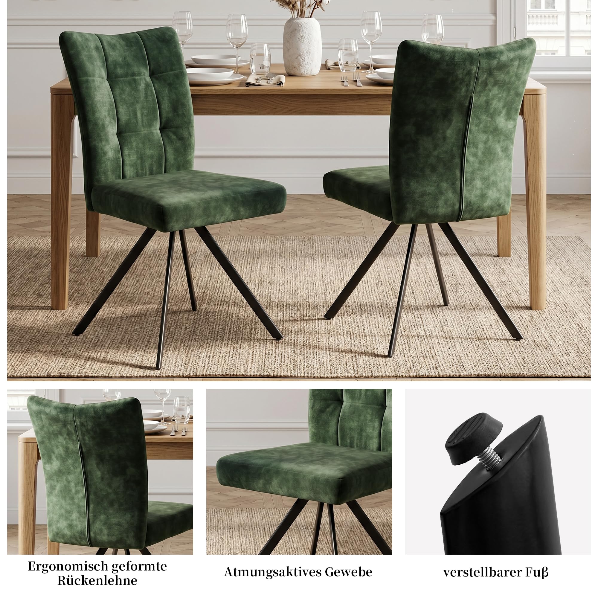 HIPIHOM Esszimmerstühle 6er Set Samt mit Metallbeinen Schwarz, Moderner Polsterstuhl für Küche & Wohnzimmer, Bequeme Stühle mit Karosteppung, Design Esszimmerstühl Stuhl Belastbar bis 120kg