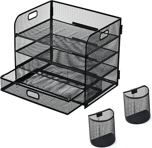 YFEEN Organizador de papel de 4 niveles, organizador de archivos con cajón y soportes para bolígrafos, organizador de escritorio de oficina de malla