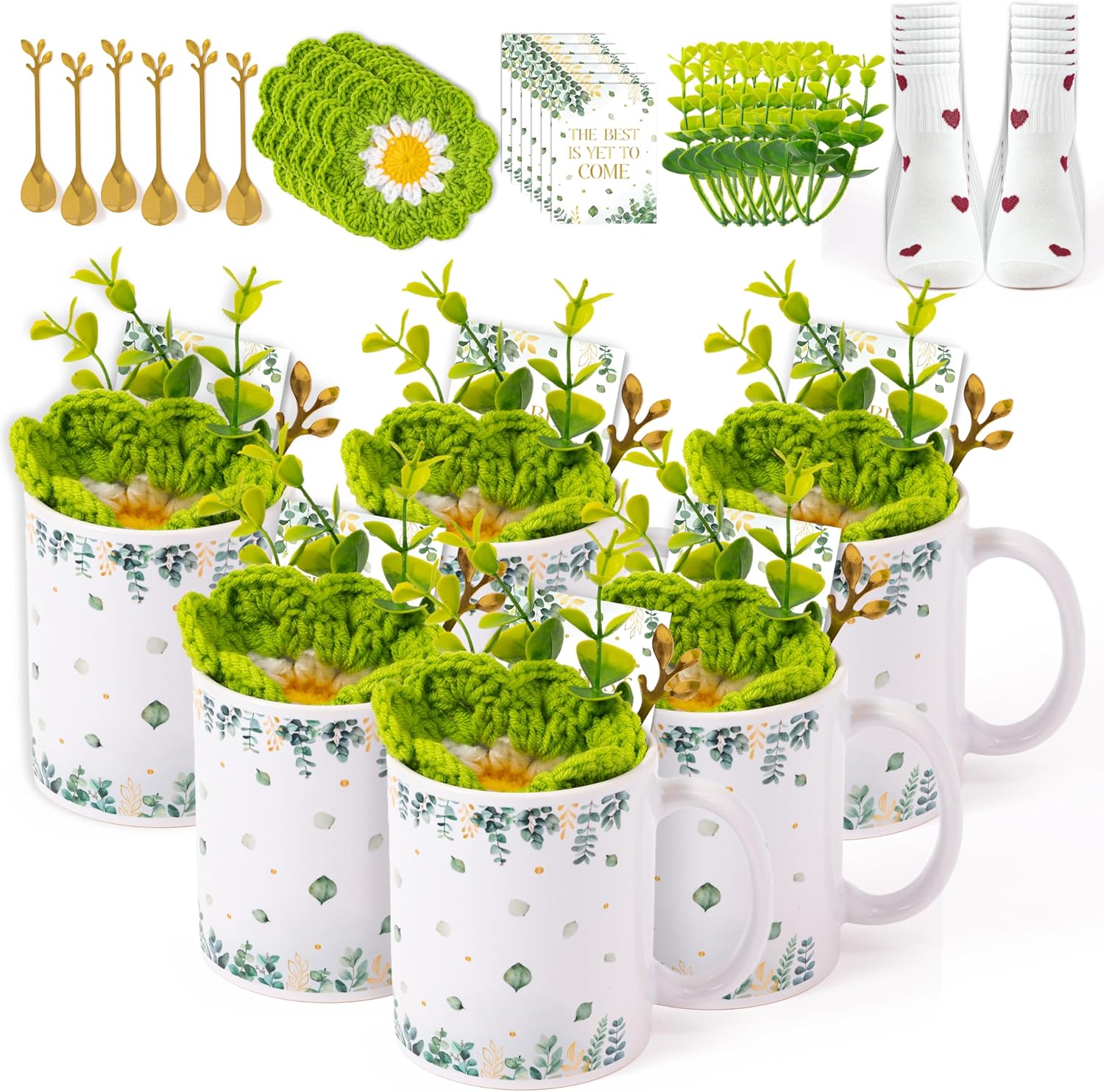 TICIAGA Eucalyptus Mug Gift Set - 36Pcs Greenery Coffee Mug with Ceramic Cup Spoon Knit Coaster Socks Eucalyptus Stems Gift Card for 6 Women Teacher, Green Leaves Bridal Shower Gifts for Mother’s Day