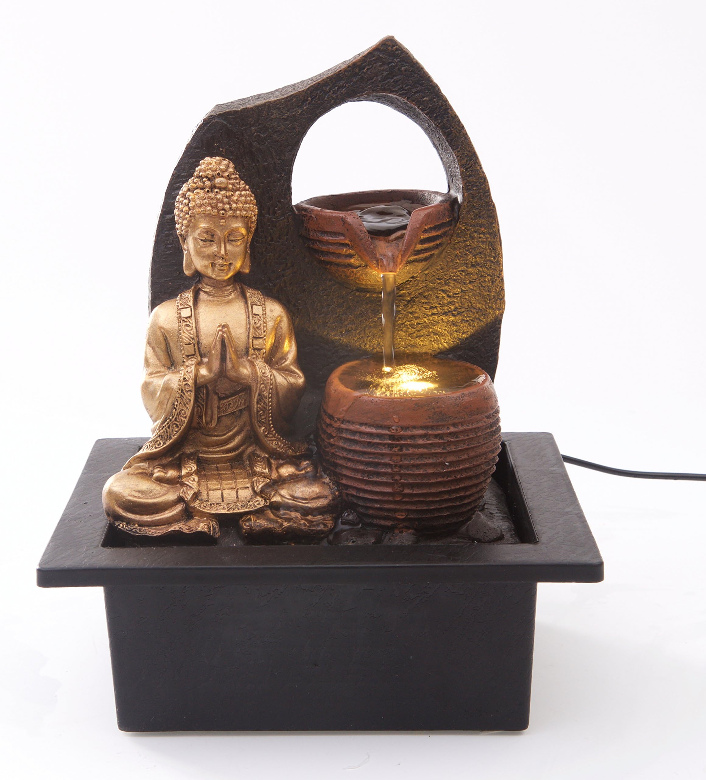 Golden Buddha with 2 Water Cups Indoor Water Fountain with LED Light | Size 21 * 17.5 * 24 Cm | 3 Pin UK Plug Included |