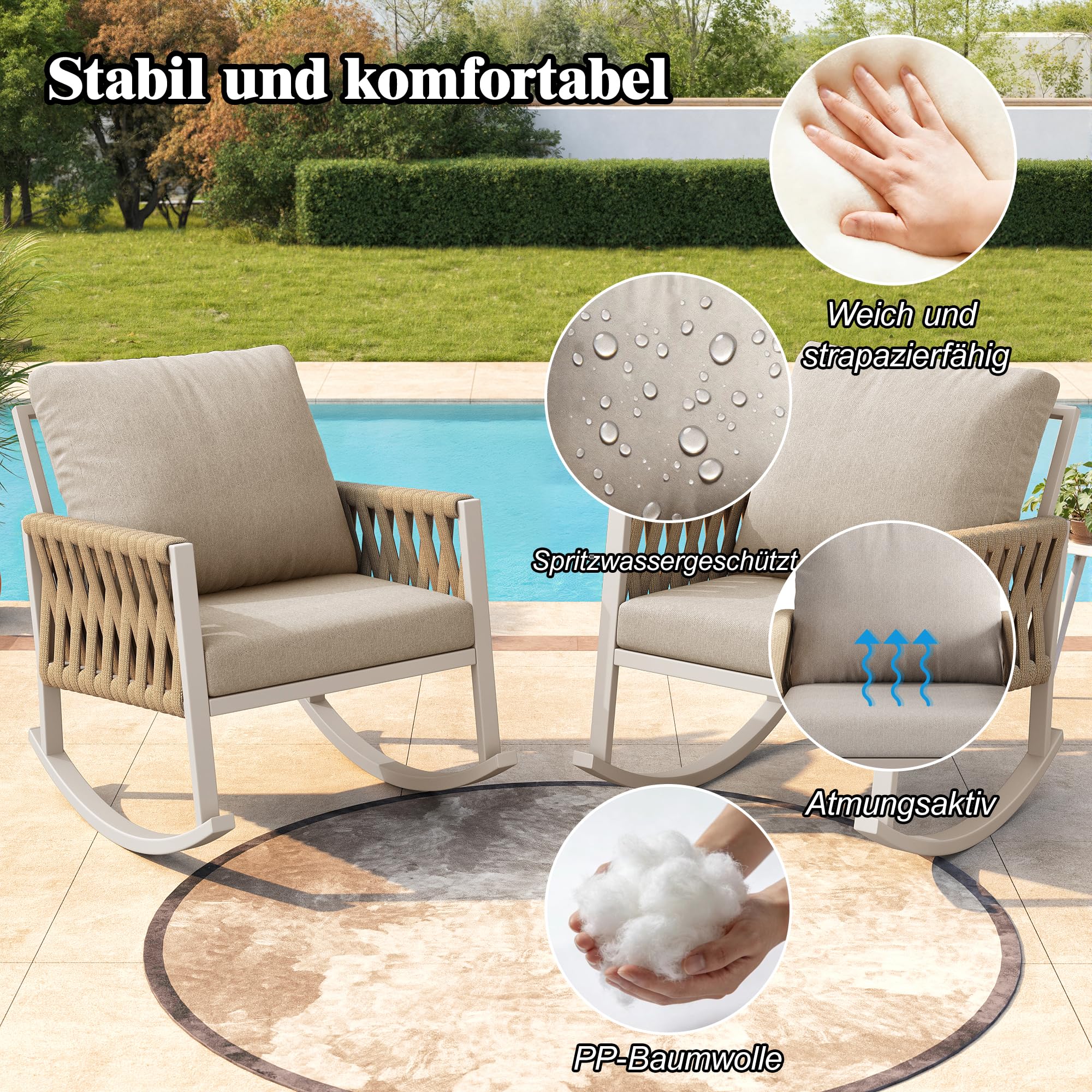 Idemon Mecedora para exteriores (1 juego) con técnica de tejido de cuerda cruzada, marco de metal resistente a la intemperie, cojines cómodos, máx. 120 kg, para jardín y terraza (beige)