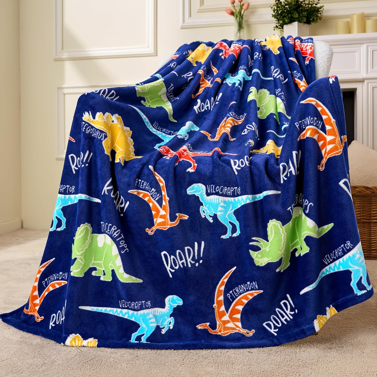Joiedomi Glow in The Dark Blanket – Dinosaur Gift for Girls Age 2 3 4 5 6 7 8 9 10 11 12 Year Old – Soft Cozy Flannel Kids Throw Blanket – Birthday Bedroom Decor 40″×60″