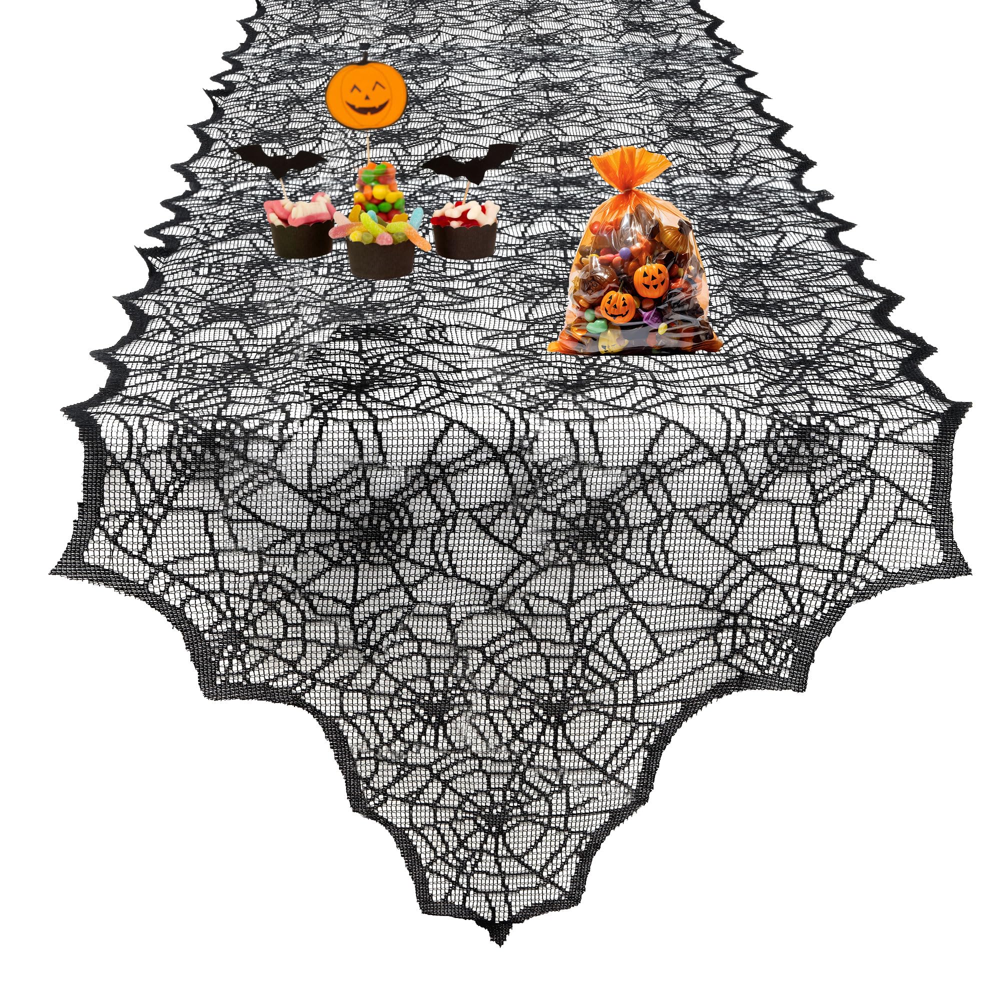 Bieżnik na stół na Halloween, czarna koronkowa pajęczyna bieżnik na stół na Halloween, 45 x 183 cm, gotycki koronkowy bieżnik na stół, dekoracja stołu, dekoracja stołu na Halloween