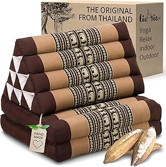 livasia Thai cushion with 2 seat rests - 47x20x3.1″ - Triangle cushion with seat cushion, Wedge cushion, kapok, Back support cushion, folding, Thai mat, folding, Hand made (Brown/Elephants)