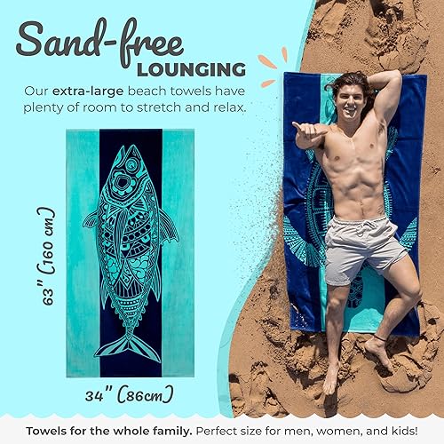 Miniatura 3 de Nova Blue Tuna Fish - Toalla de playa de algodón a rayas (34 x 63) hecha de 100% algodón, toalla de piscina de secado rápido con diseño tropical,