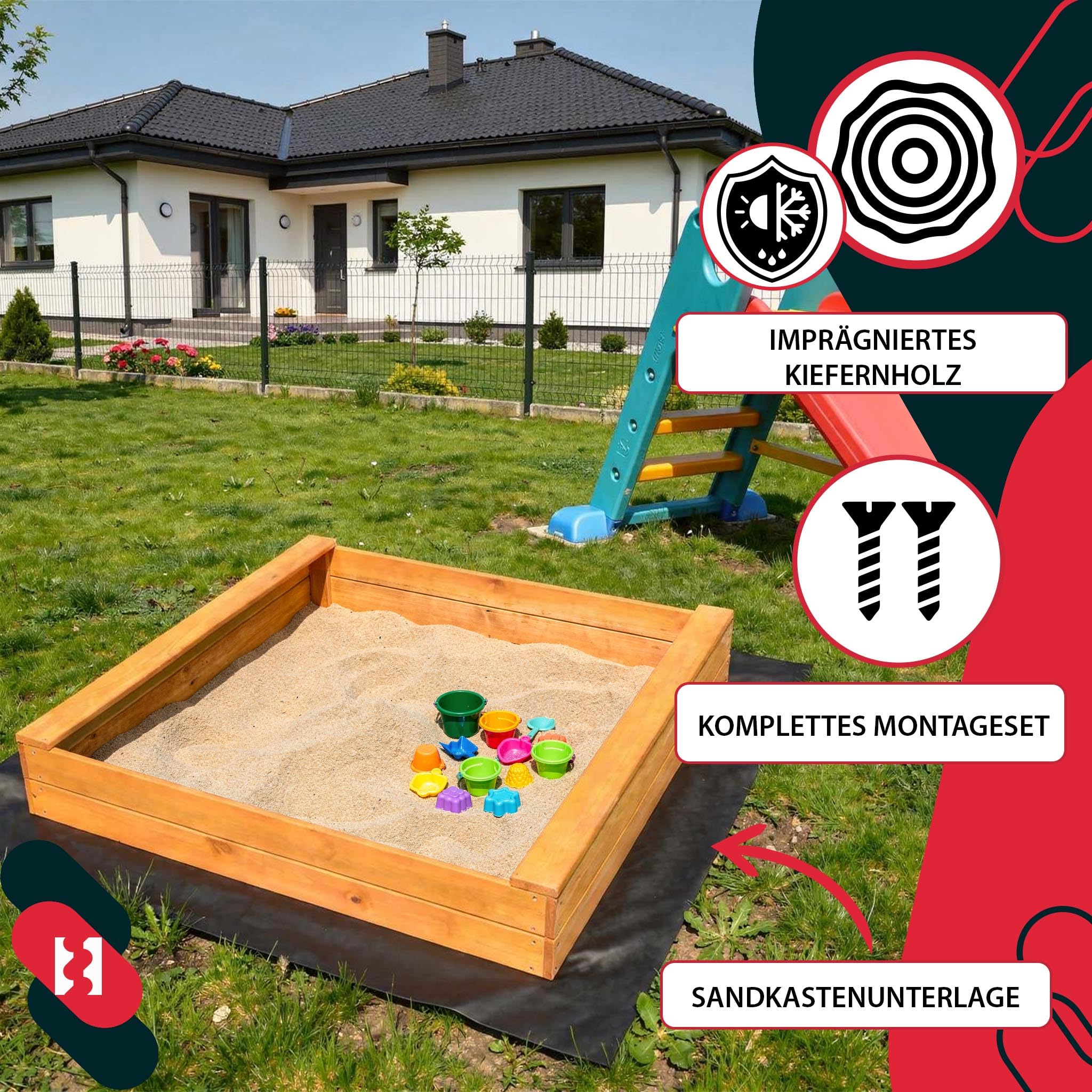 KOTARBAU® Piaskownica z ławką do siedzenia – 120 x 120 cm – piaskownica z drewna – piaskownica z 2 ławkami – zabawka ogrodowa dla dzieci – z włókniną do piaskownicy – drewno sosnowe – impregnowana