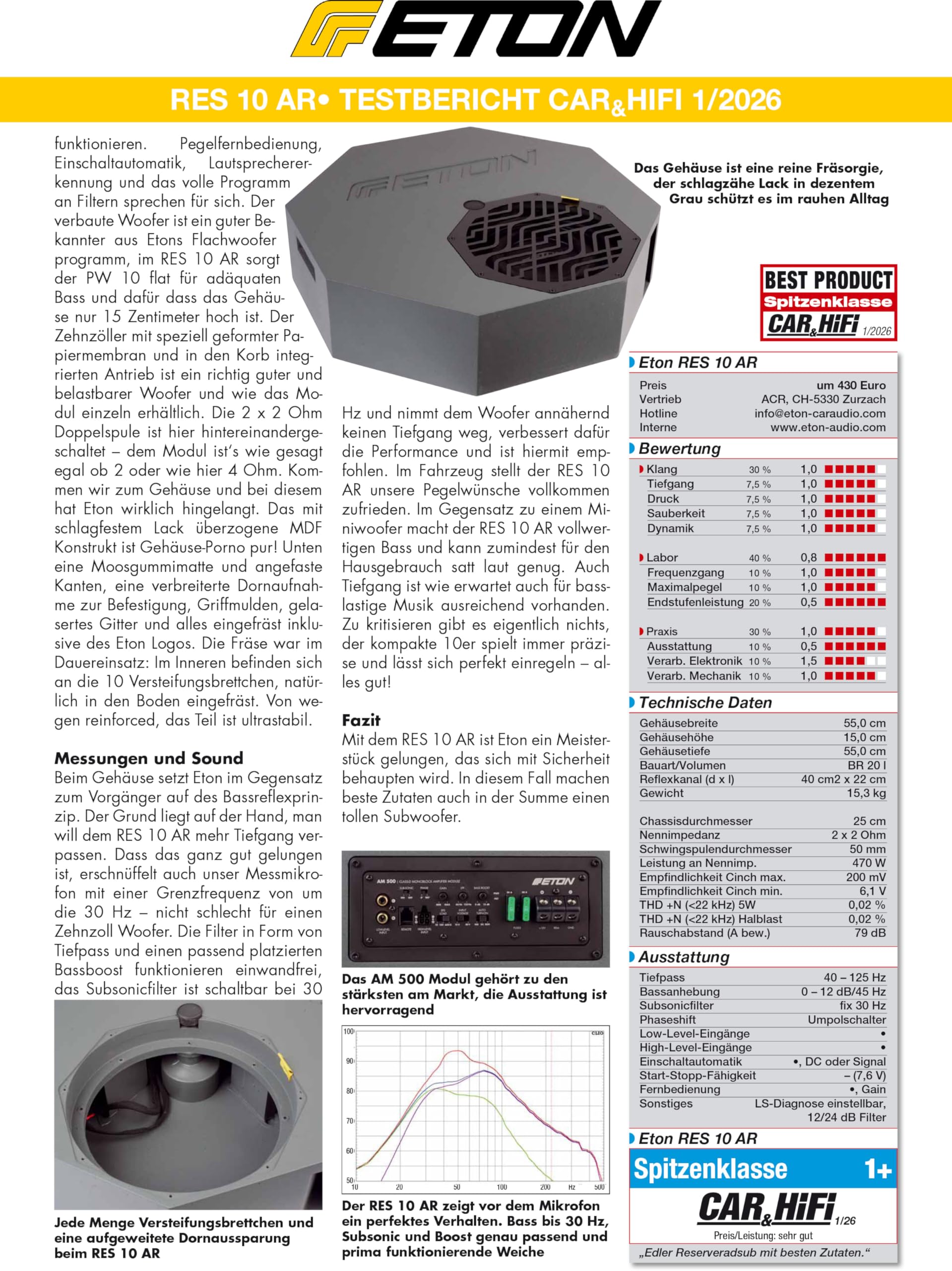 ETON Res 10 AR – Flacher Aktiv-Subwoofer für Reserverad-Mulde, aktive Bassreflex Bassbox mit potentem 25 cm / 10“ Woofer, Gehäuse nur 14,8 cm hoch, 540 Watt RMS Verstärkerleistung