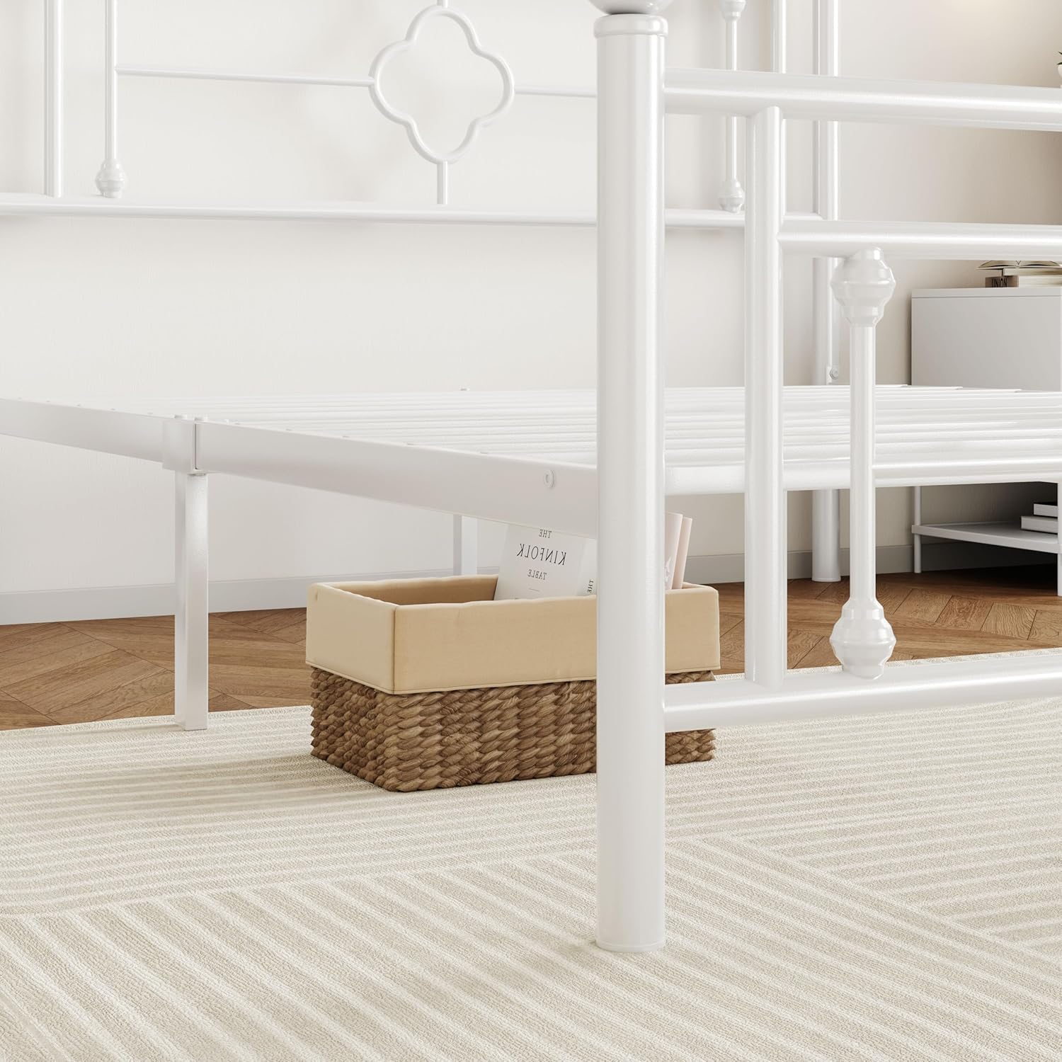 SHA CERLIN 14 Inches Twin Size Metal Platform Bed Frame/Vintage Iron-Art Headboard and Footboard/Mattress Foundation for Storage/No Box Spring Needed/Noise-Free/Easy Assembly/White - Image 5
