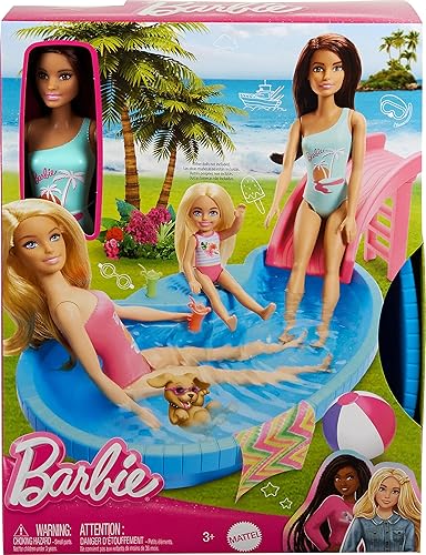Miniatura 5 de Barbie Juego de muñecas y piscina, morena en espuma de mar azul de una pieza con accesorios para piscina, tobogán, toalla y bebida