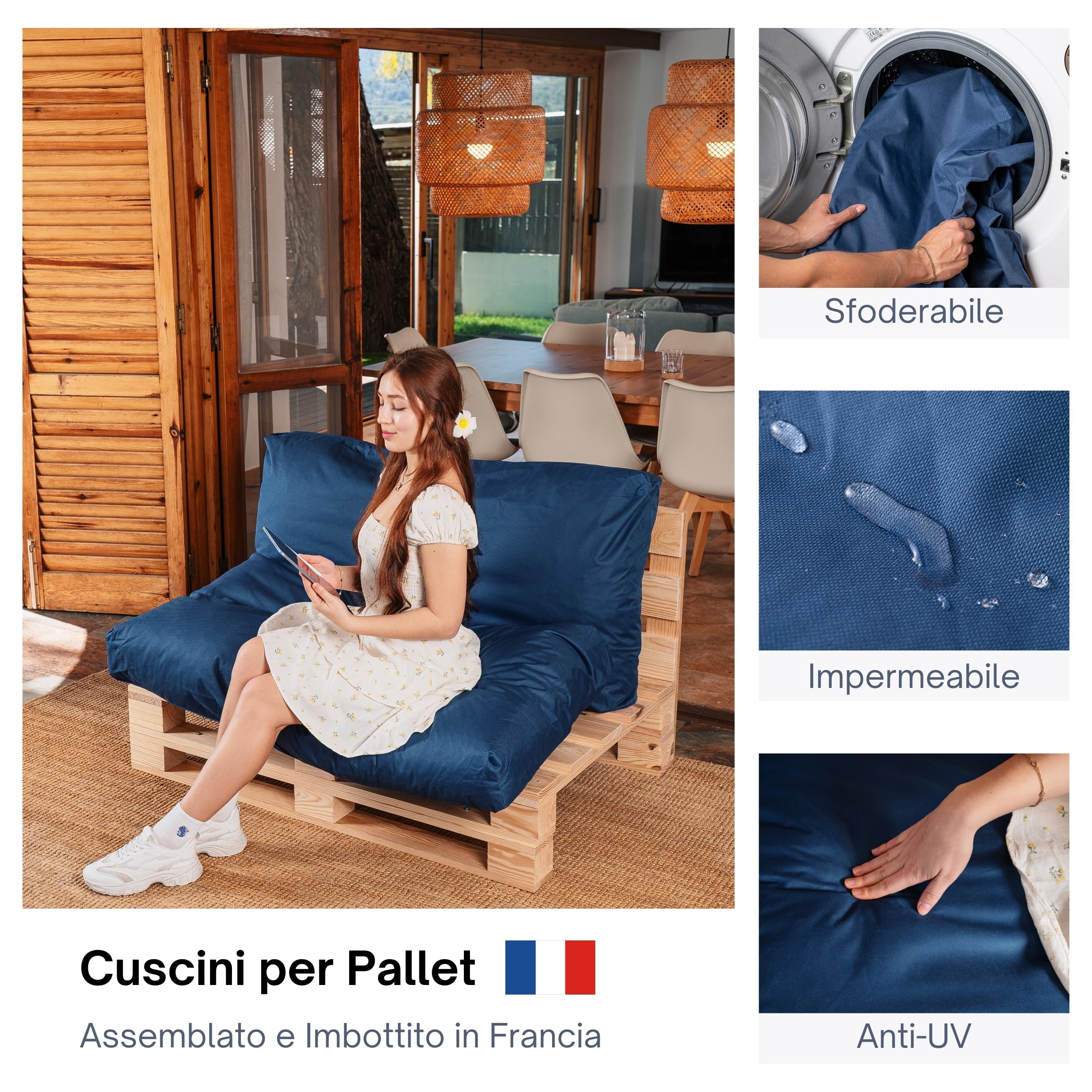 Cuscini per Pallet Fodera Impermeabile Anti UV Rimovibile Lavabile Imbottito Schiuma 120x60 cm Blu