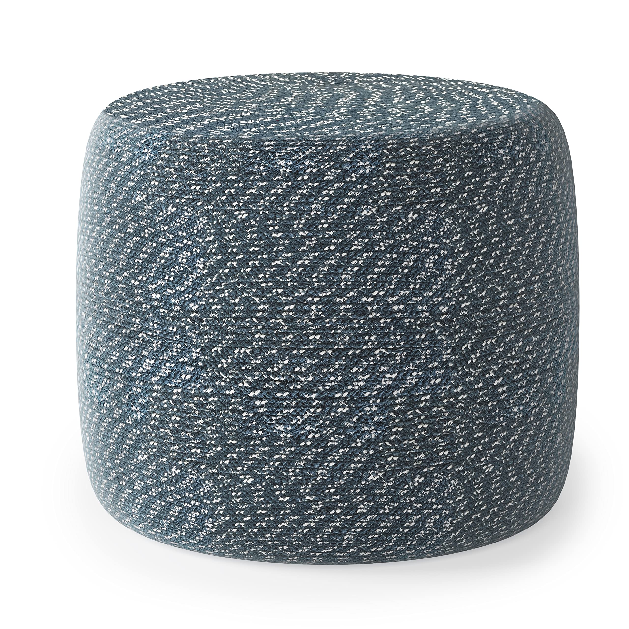 Bayley Round Braided Pouf, Footstool, Upholstered in Aegean Blue, Natural Hand Braided Cotton, for the Living Room, Bedroom and Kids Room, Transitional, Modern