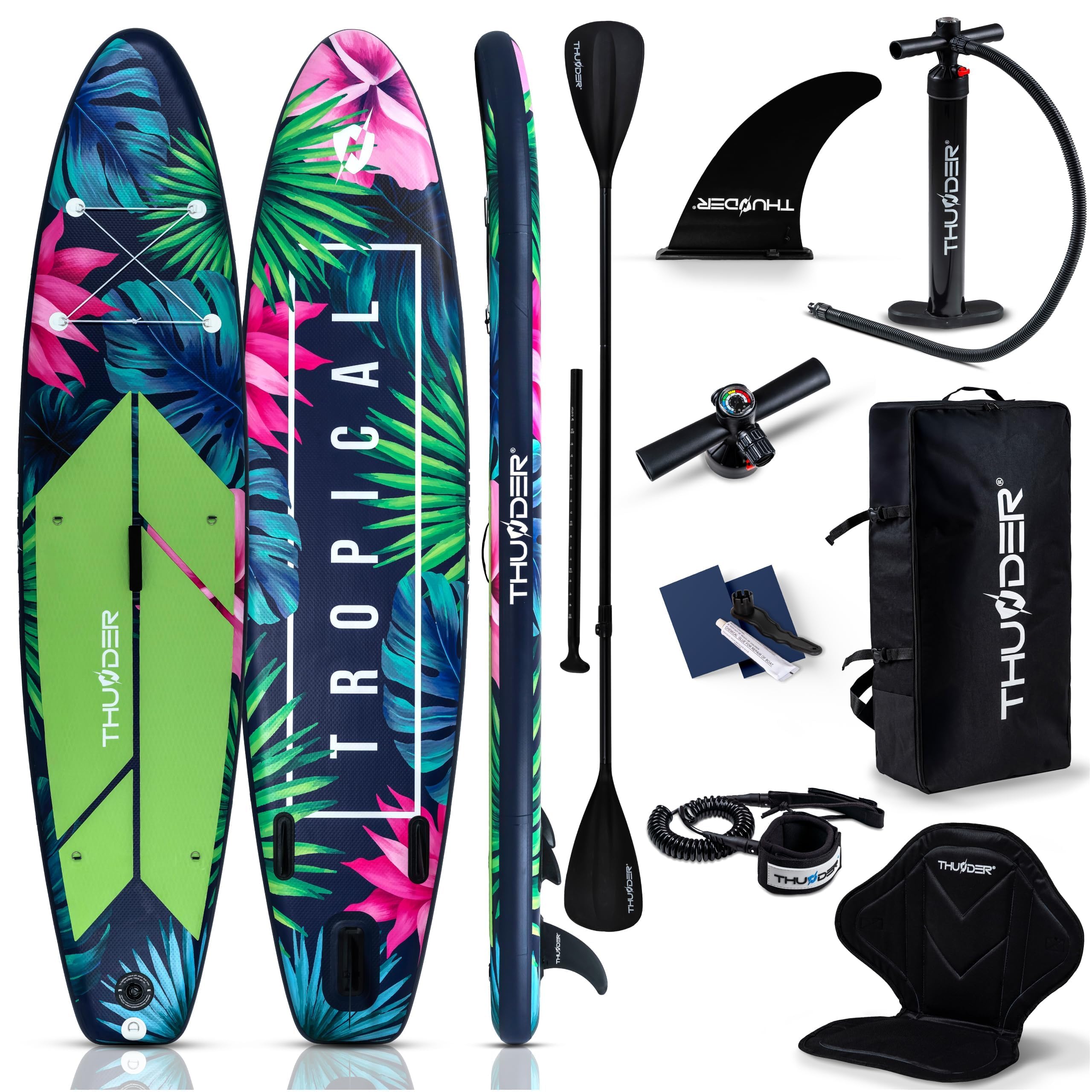 THUNDER Tabla de Sup Inflable de 320 cm con Asiento de Kayak – Set de Stand Up Paddle Board con Bomba, Remo y Mochila – Antideslizante para Adultos y Principiantes