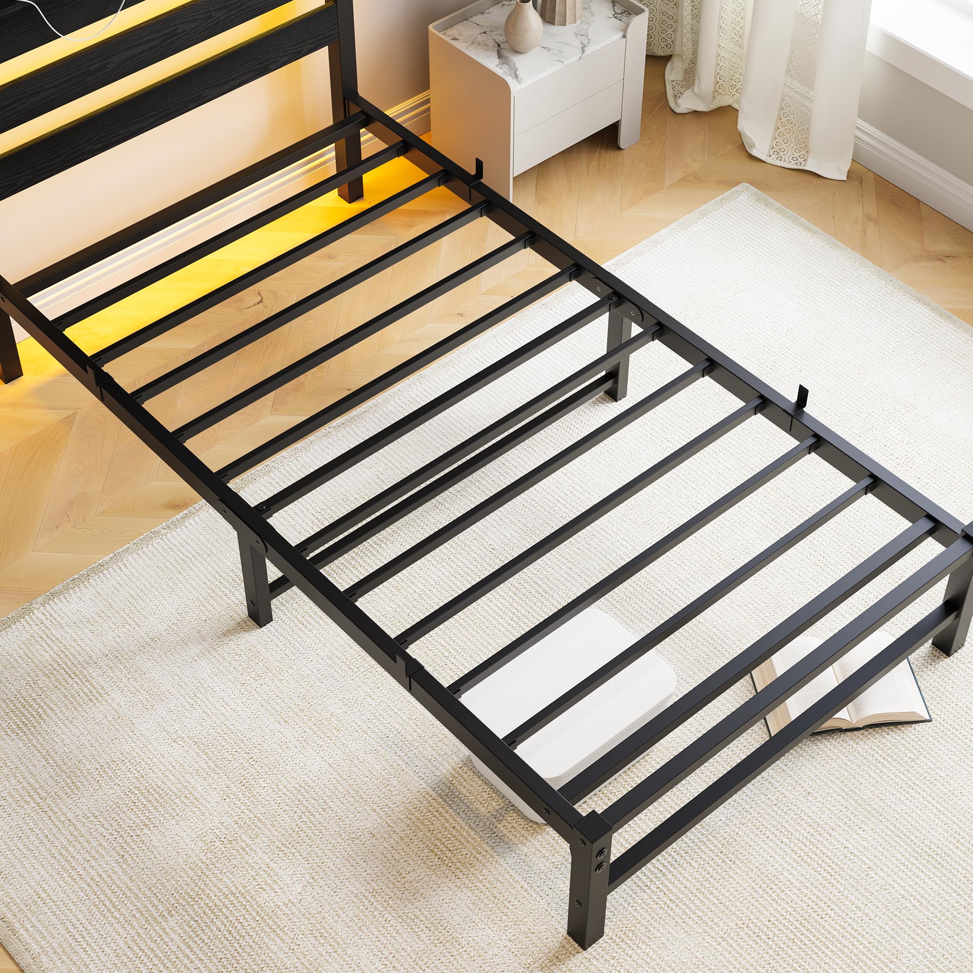 Bettgestell 90x200 cm mit LED, Metallbett mit USB-Ladestation & Holzkopfteil mit Stauraum, Gästebett Jugendbett Einzelbett mit Lattenrost aus Metall, Leicht zu Montieren, Schwarz