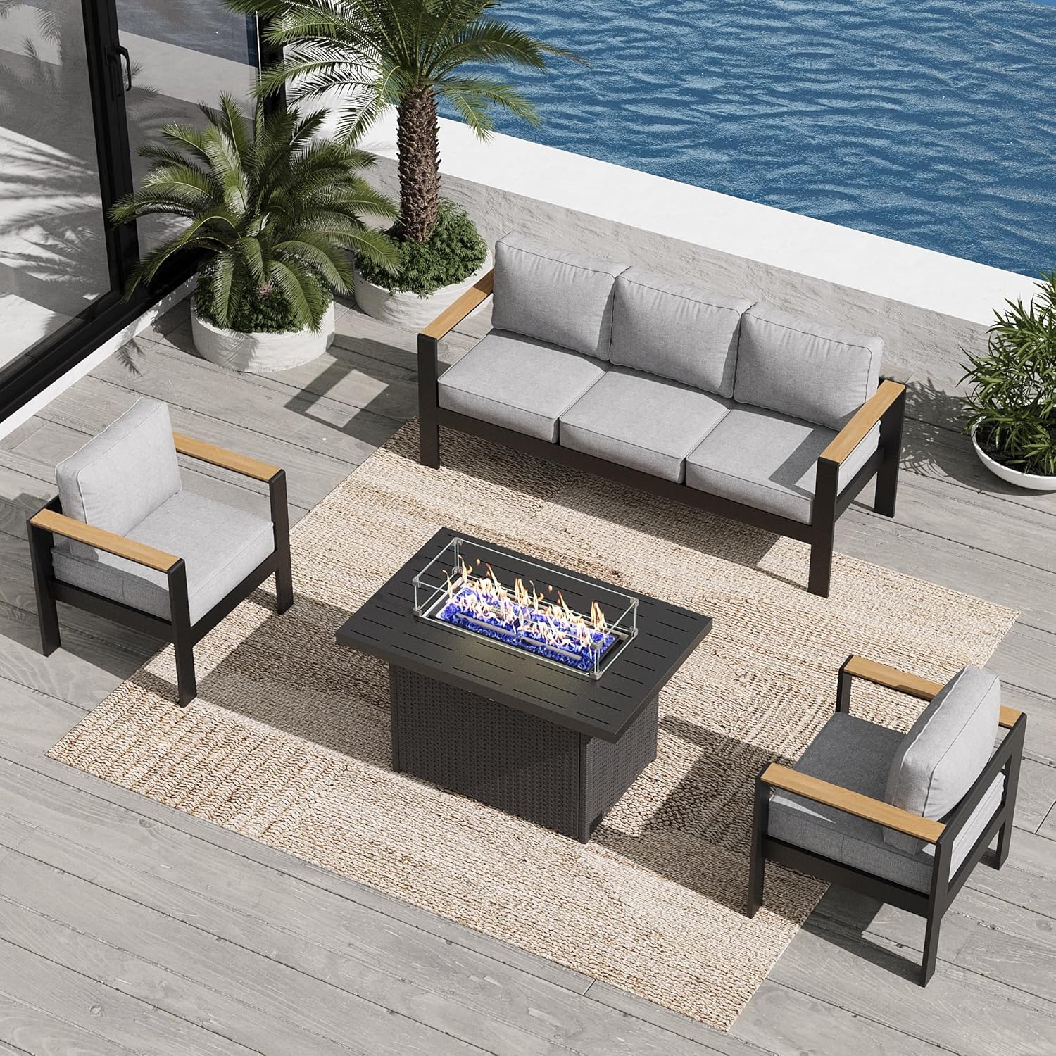 Aluminum Outdoor Patio Furniture Sets, 5 Piece Metal Patio Conversation Sets with Coffee Table with 5 Inch Cushion for Garden Backyard Deck
