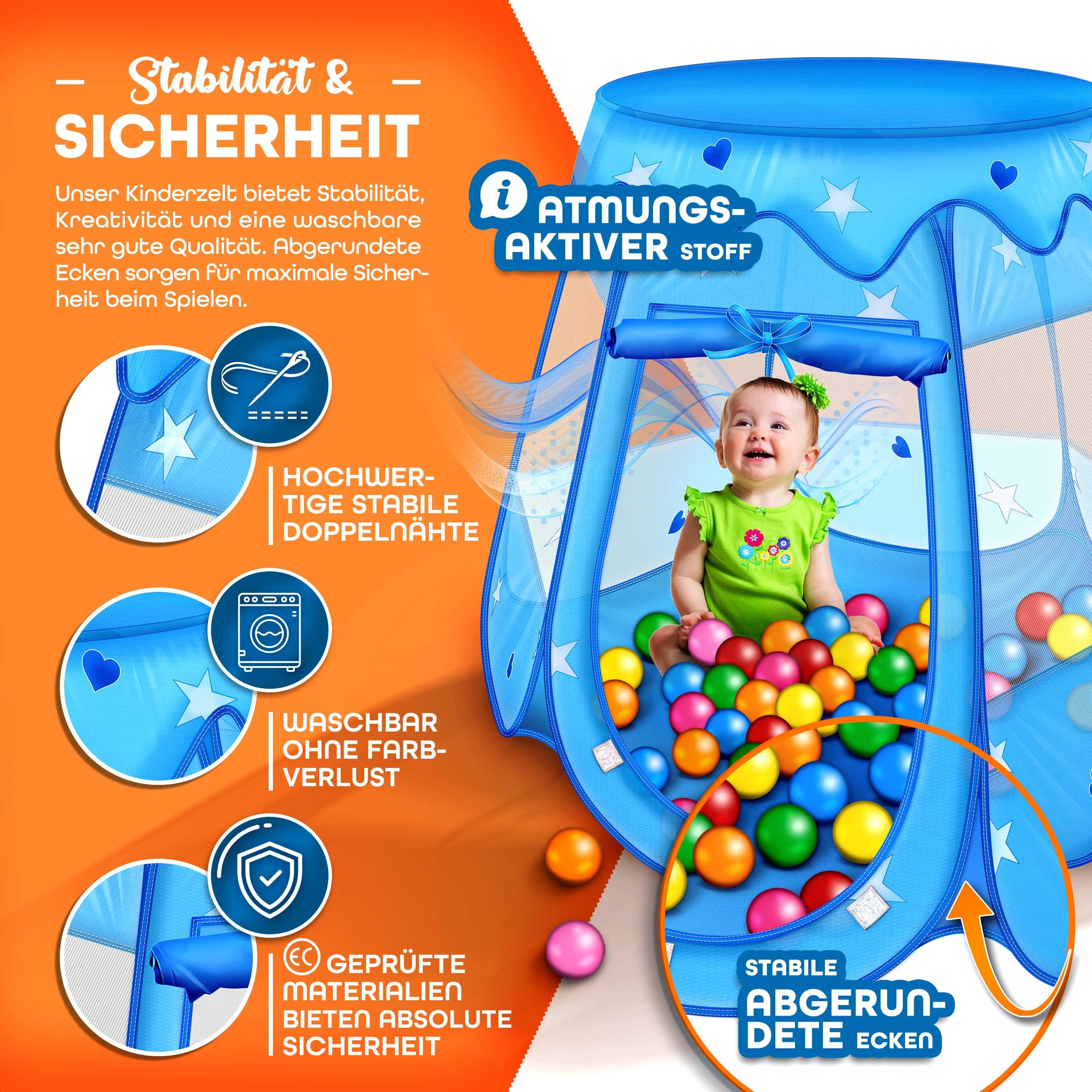 KIDUKU® Kinderspielzelt + 100 Bälle + Tasche Spielhaus Bällebad Schloss für drinnen und draußen (Blau)
