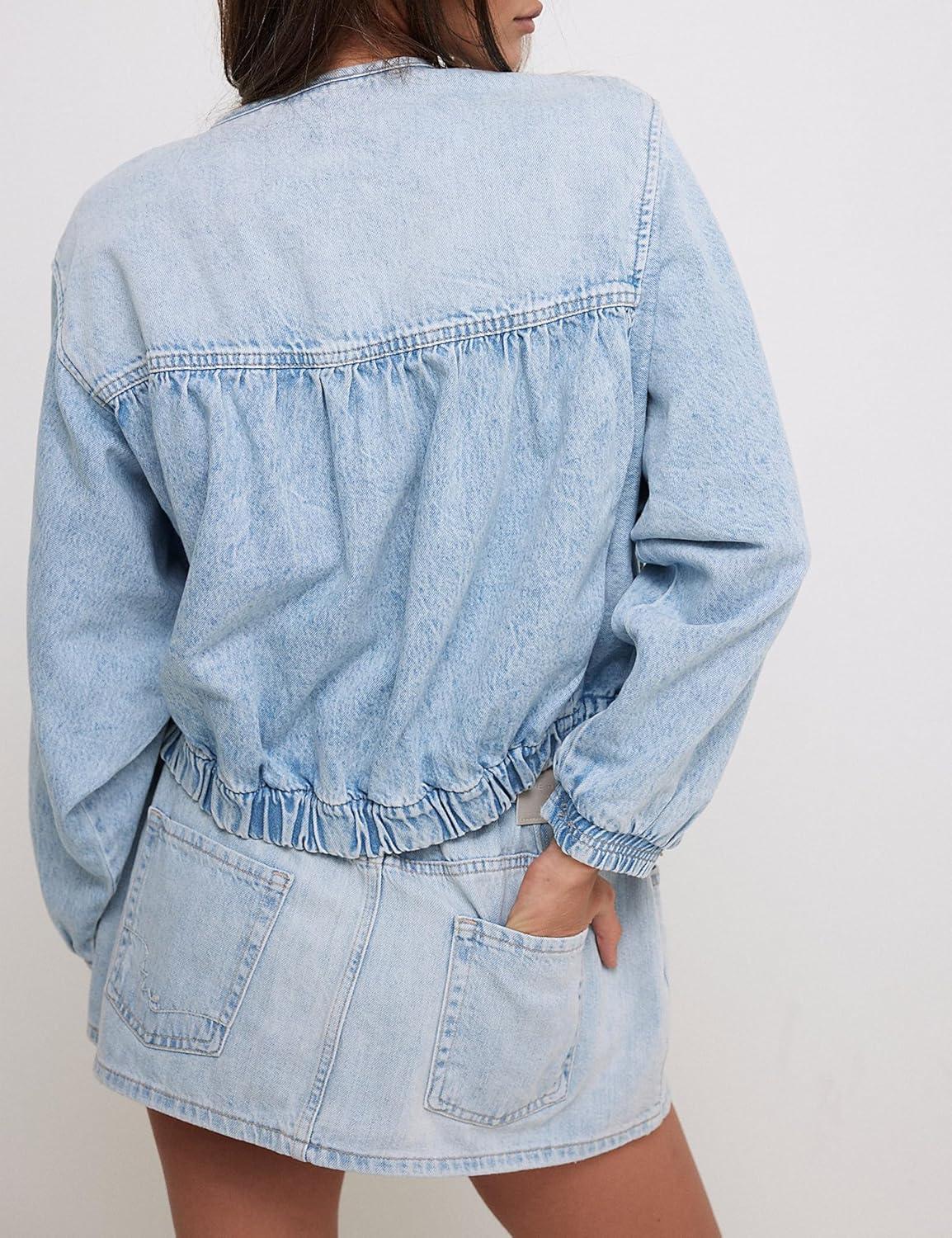 Lumister Womens Cropped Jean Jacket Oversized Zipped Long Sleeves Demin Jacket