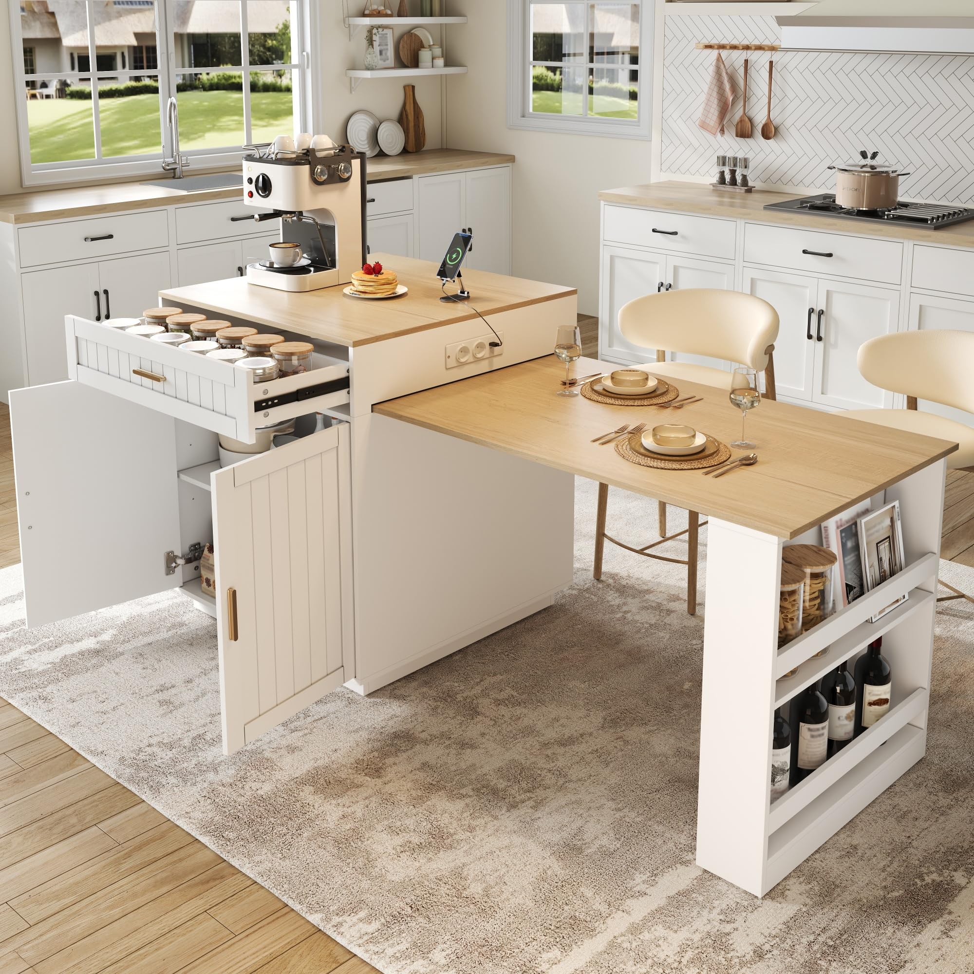 Mobile a isola da cucina, tavolo da bar allungabile con spazio e ruote, mobile da cucina con cassetti e mensola, 121,5-192 x 70 x 92 cm, bianco