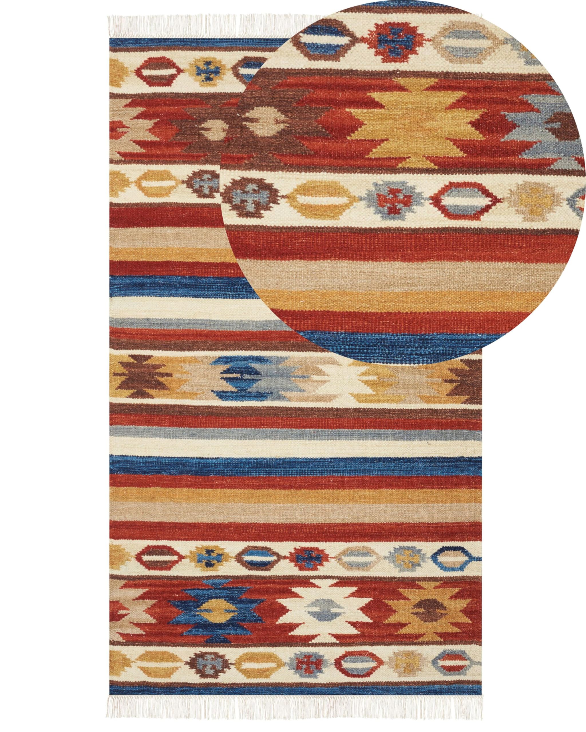 Beliani Multicolor Traditional Wool Kilim Rug Hand Woven 80 X 150 Cm Oriental Pattern With Tassels Multicolour Jrarat