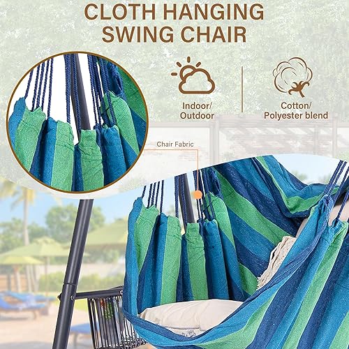 Miniatura 10 de Juego de silla hamaca para colgar con cuerda y soporte con dos soportes, soporte colgante resistente con tres ganchos, multiusos para interiores y