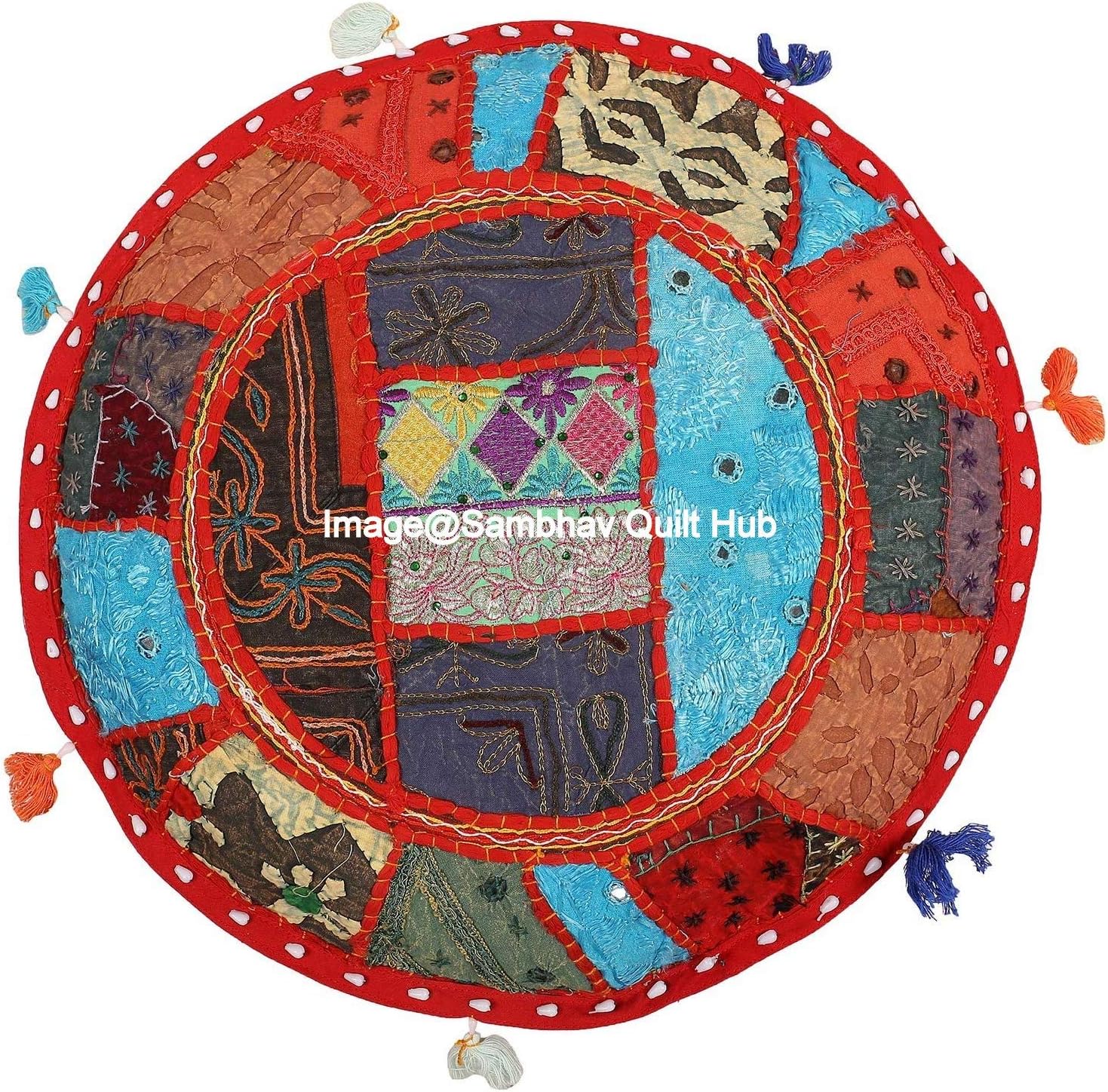 Meditation Ethnic Round Throw Pillows Vintage Patchwork Floor Cushion Cover Beige 22x22 Large Decorative Decor Seating Tuffet Seat Pouf Cover Footstool Cotton Embroidered (Multi Red)
