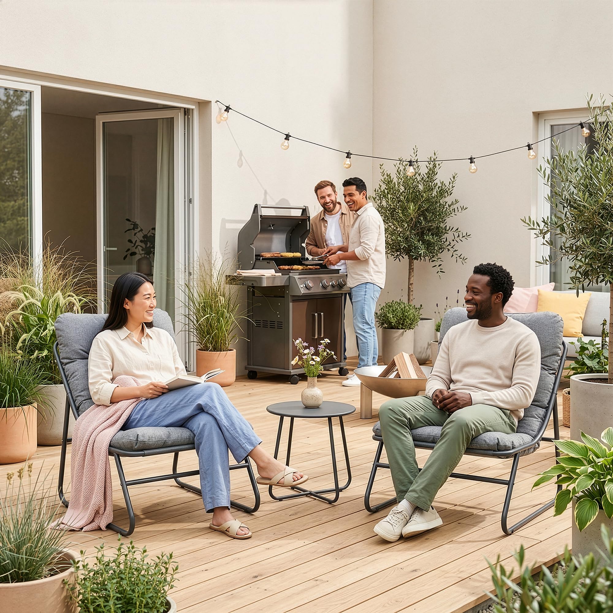 casa.pro Conjunto Mesa y Sillas Jardín Malmö Mueble Terraza con Mesa Redonda y 2 Sillones con Cojines y Respaldo Juego de Muebles de Jardín Exterior 2 Plazas Material Resistente - Gris Oscuro
