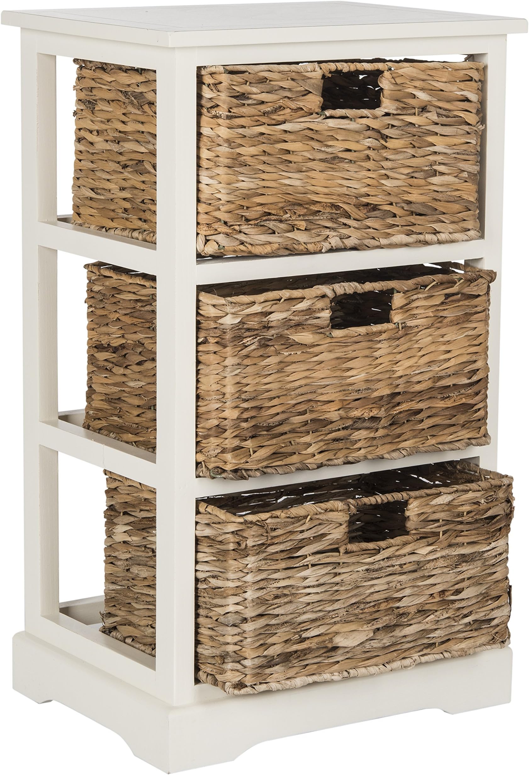 Home Collection – Halle Vintage White Storage Side Table with Wicker Baskets, Farmhouse Accent Storage, Fully Assembled (AMH5738B)