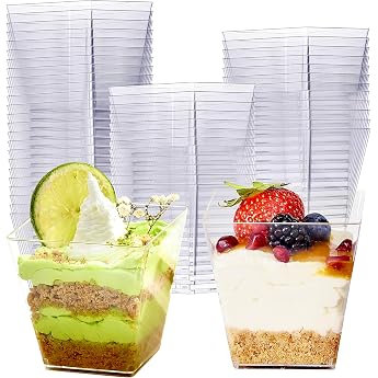 48 x Disposable Dessert Cups Square 225ml - Reusable Plastic Dessert Bowls - Stable Clear Glass Finger Food Plastic Bowls for Buffets Desserts Appetizers Parties Catering