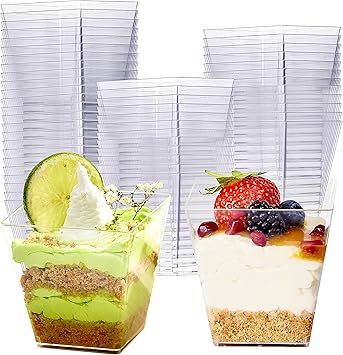 MATANA 48 Hard Plastic Dessert Cups, Reusable Dessert Pots Square, 225ml - Individual Cheesecake Pots, Plastic Ramekins, Trifle Bowls - Dessert Glasses for Pudding, Mousse, Parfait, Tiramisu, Jelly