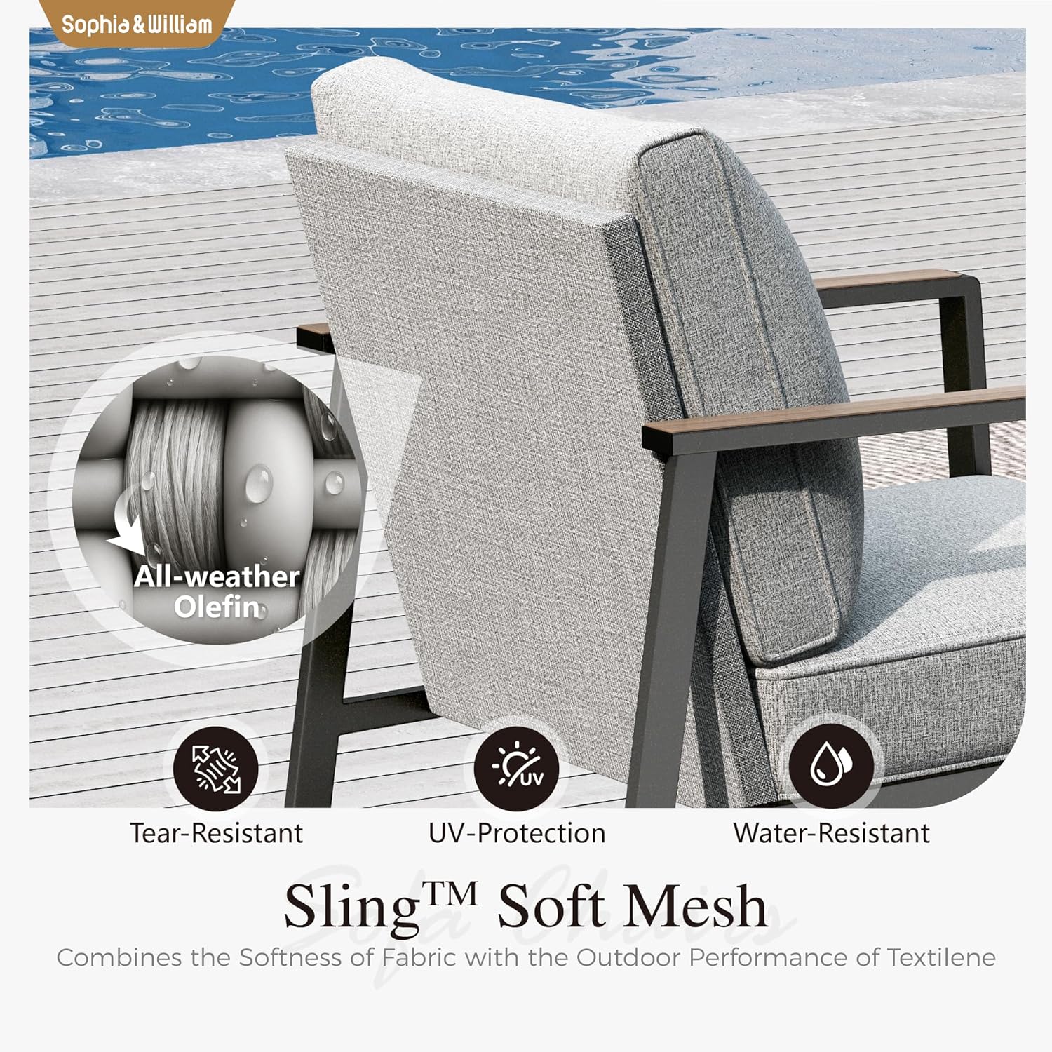 Sophia & William Modern Patio Furniture Set Outdoor Conversation Set 6pcs Heavy Duty with Soft Cotton-Filled Textilene Fabric for 5, Adjustable Coffee Table for Pool Garden Backyard