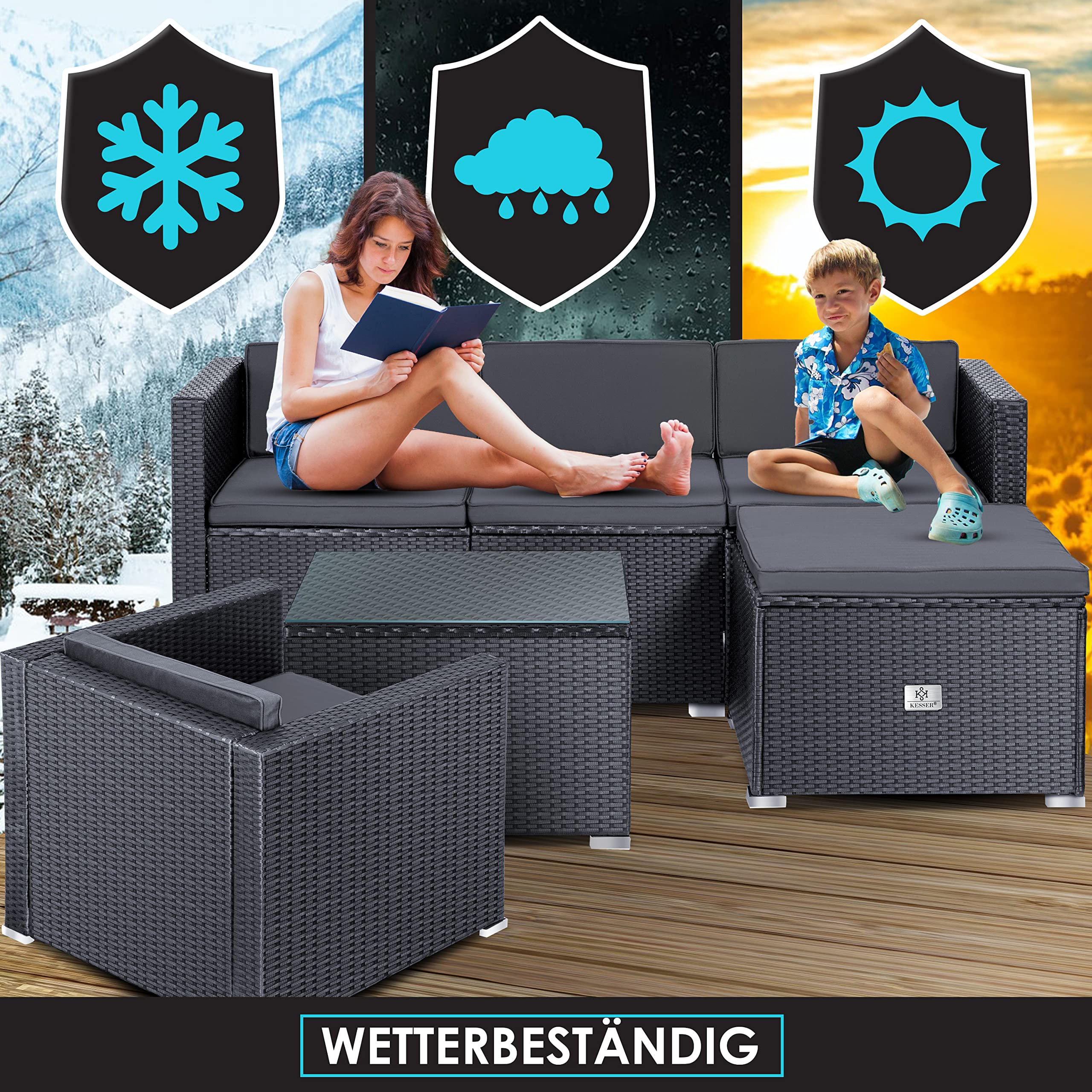 KESSER® Polyrattan Lounge Aruba - Gartenlounge für 4-5 Personen Gartenmöbel-Set Sitzgruppe aus 3er Gartensofa, Sessel, Hocker Beistelltisch mit Sitzkissen für Garten, Terrasse und Balkon, Anthrazit
