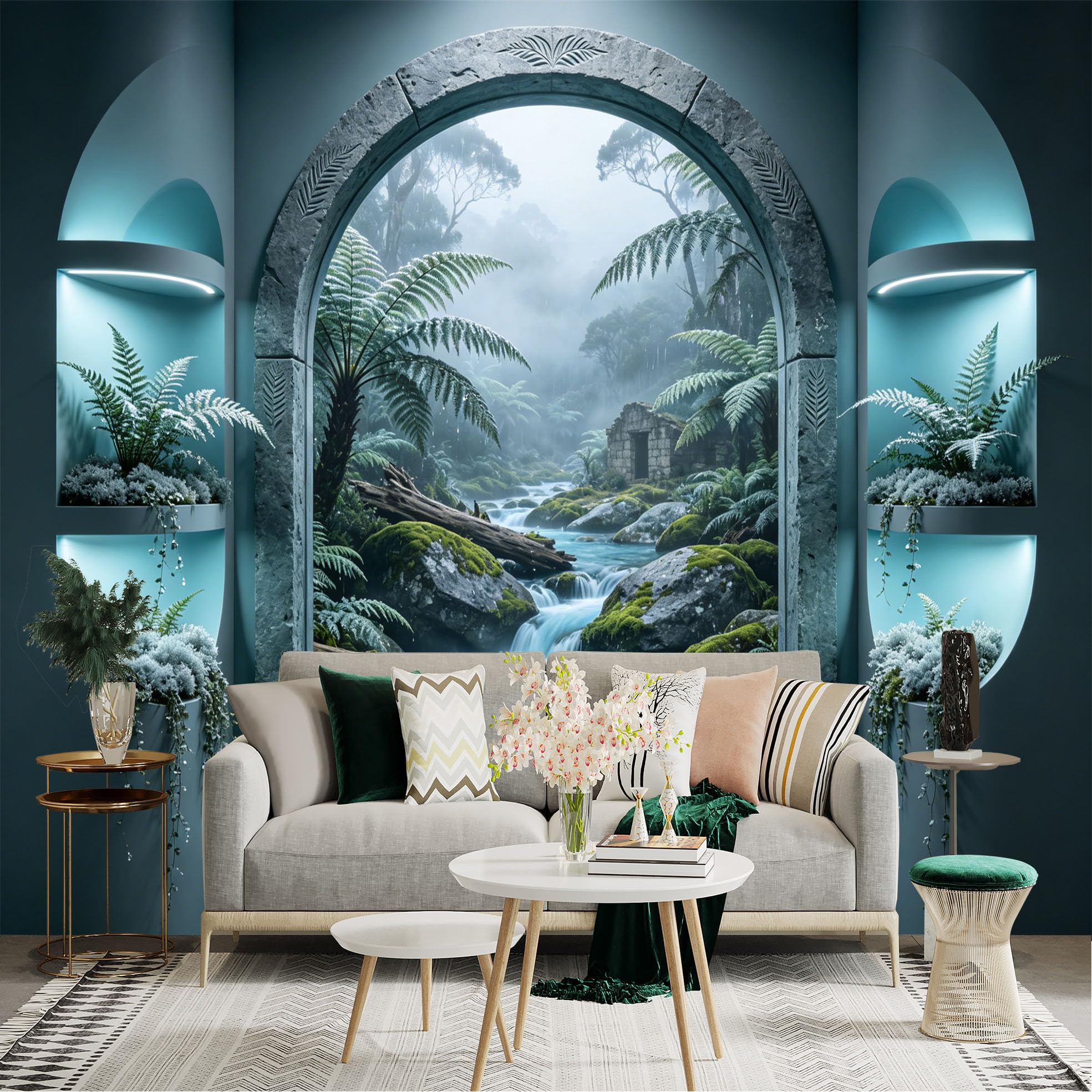 Custom Size Wall Sticker Mural， Tropical Forest Waterfall with Stone Arch and Misty Stream， for wall Decoration， peelandstick wall Decals.