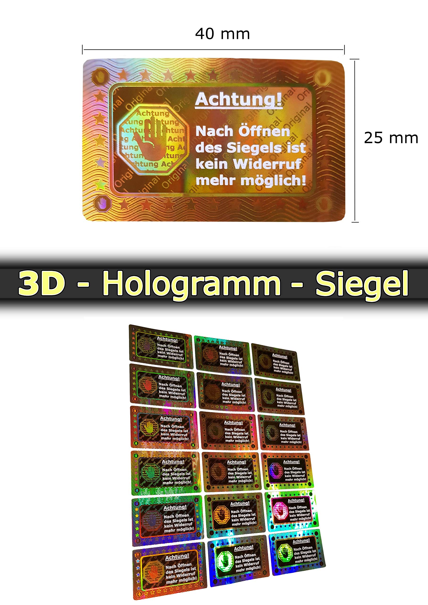 1000 pezzi – Sigilli ologrammi 3D 40 x 25 mm oro lucido – Sigilli di sicurezza, sigillo di qualità, etichette di sicurezza, sigillo di sicurezza