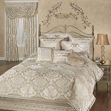 Touch of Class Luminous Comforter Set Champagne Gold - Queen Size - Velvet Chenille - Elegant Bedding Sets - Damask Designs - Luxury Bedroom Collections - 15 Inch Drop
