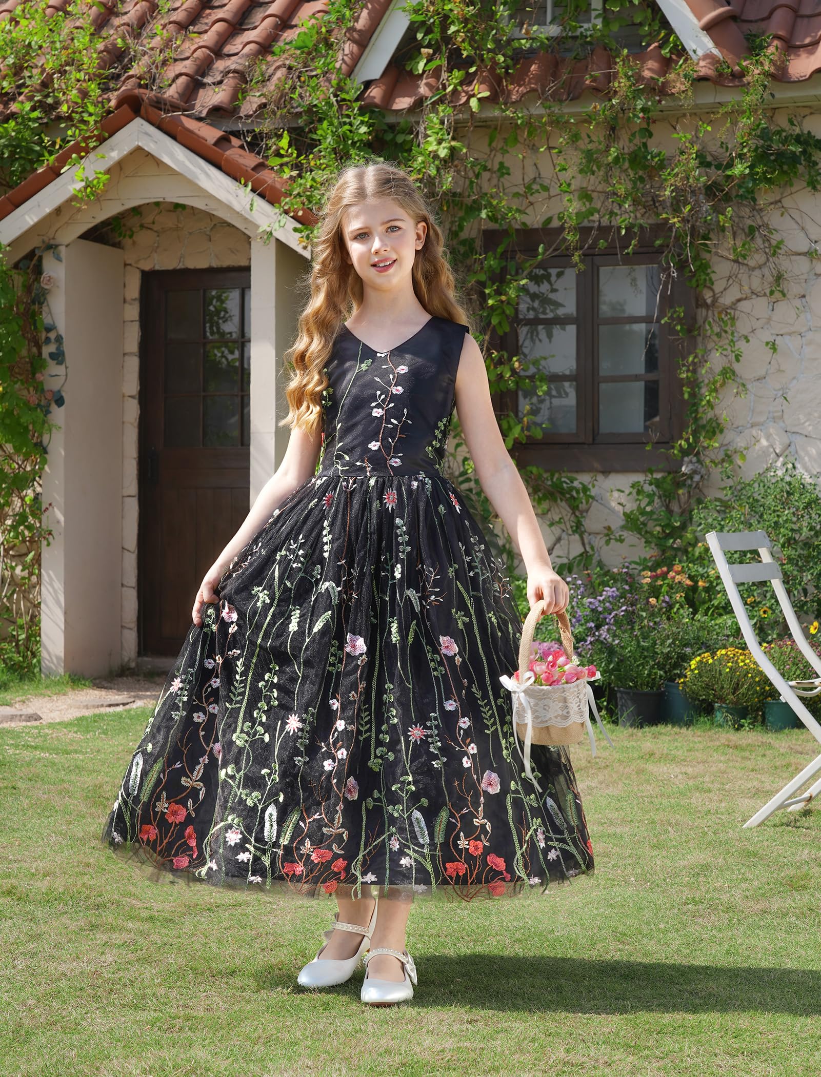 Mädchen Mesh Blume besticktes Kleid Illusion Tüll Mesh Stickerei Kleid für Mädchen Blumenmädchen Kleider für Hochzeit Geburtstag