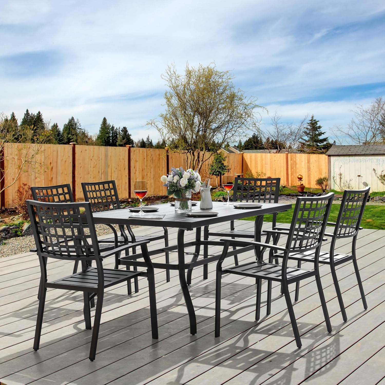 NUU GARDEN Patio Dining Chairs Set of 6, Stackable Outdoor Dining Chairs with Armrest, Wrought Iron Metal Chairs Patio Chairs for Backyard Lawn, Deck, Poolside, Porch, Bistro, Black