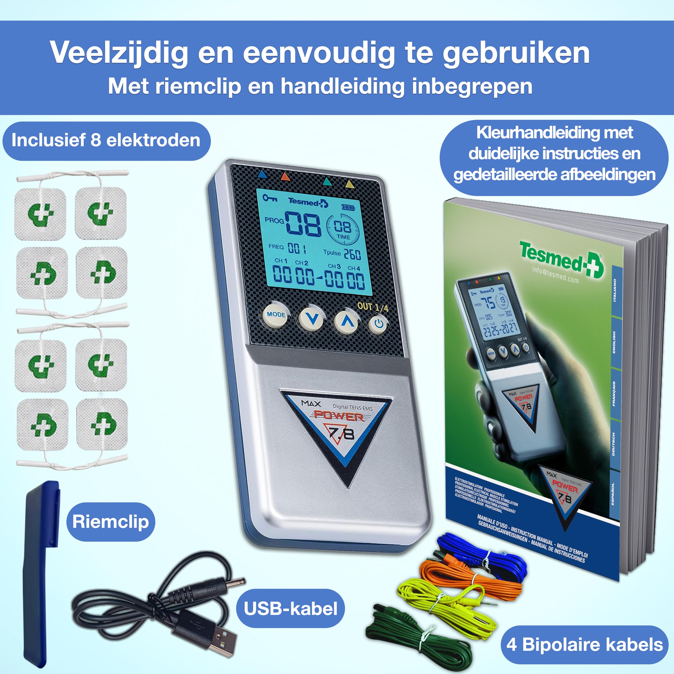 TESMED Max 7.8 Elektrostimulatieapparaat Met 4 Kanalen, 125 Soorten Behandelingen Buikspieren Versterking Spiertoename Esthetiek Wellness Massages 752597250