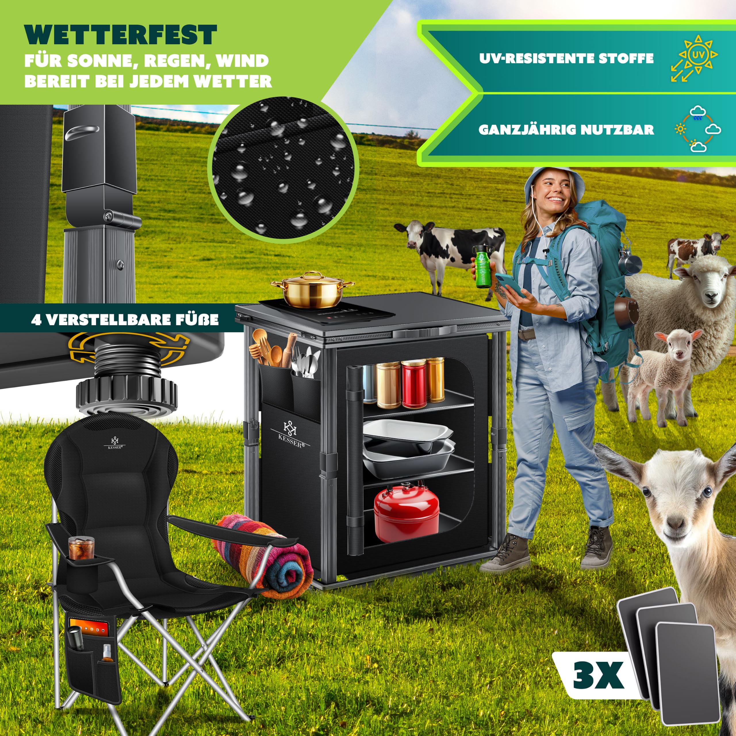 KESSER® Camping Küche faltbar | Outdoor Campingschrank 60x80cm | Küchenschrank mit Aluminiumgestell, 3 Fächer inkl. Seitentaschen & Fliegengitter | Campingküche aus UV-resistentem Stoff