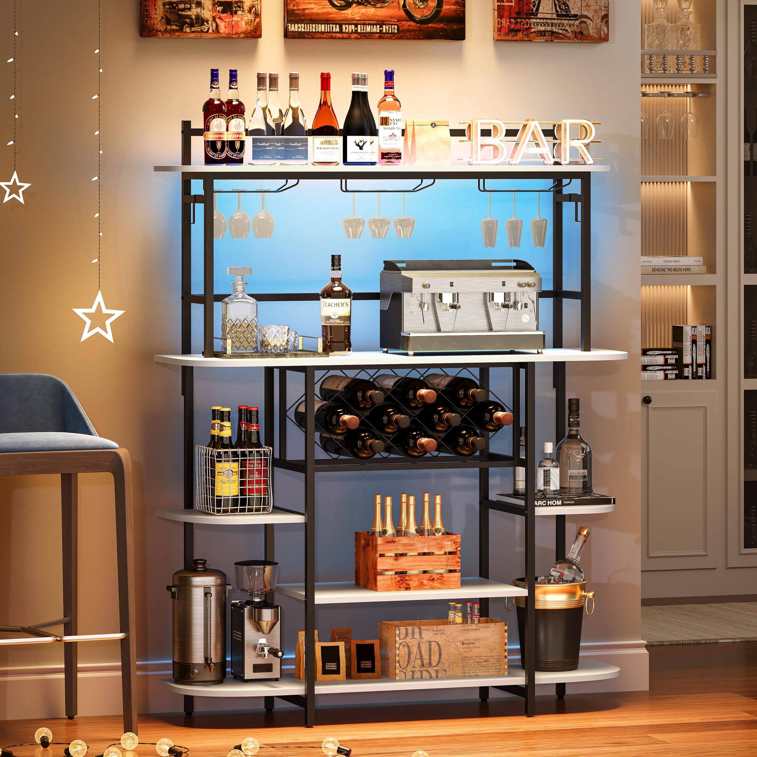 Photo 1 of HOMELA Wine Rack Table with RGB LED Lights, Home Bar Cabinet for Liquor and Glasses, Bar Stand for Living Room, Wood Wine Bar Table with Storage Shelves, Freestanding Bar for Apartment, 47.2" Rustic