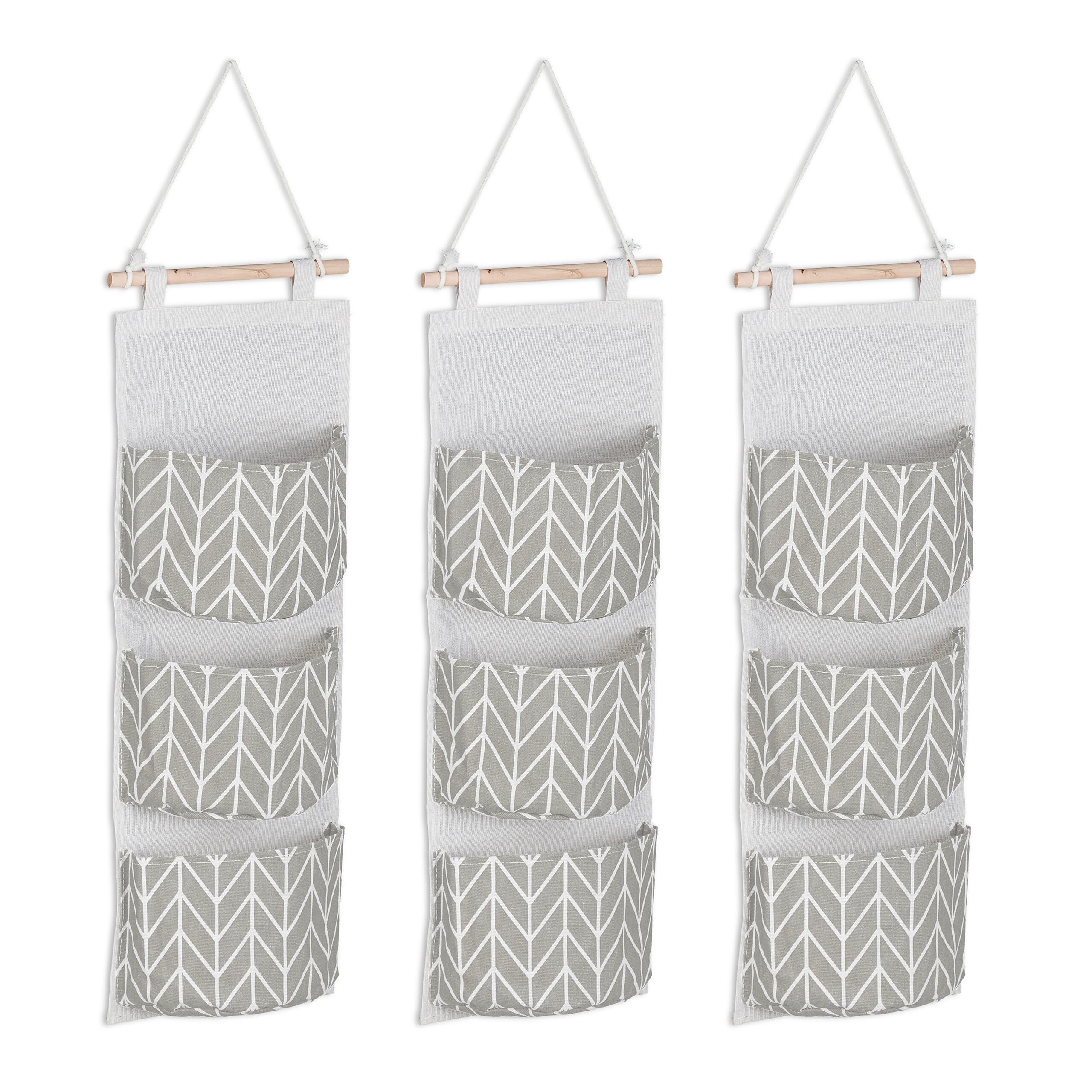 Relaxdays Fabric Wall Organiser, 3 Pockets, Cotton, HxW: 74x20 cm, Hanging Storage, Bathroom, Hallway & Office, Grey