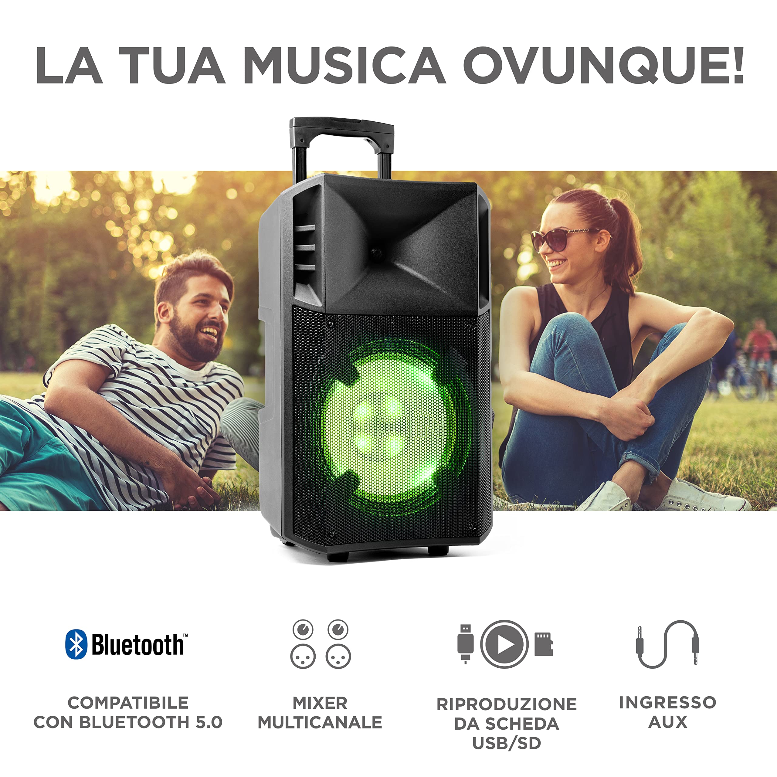 ION Audio Power Glow - Cassa Bluetooth Amplificata Potente da 300 Watt con Мicrofono Karaoke, Luci, Mixer Audio Multicanale e Batteria Ricaricabile, Nero