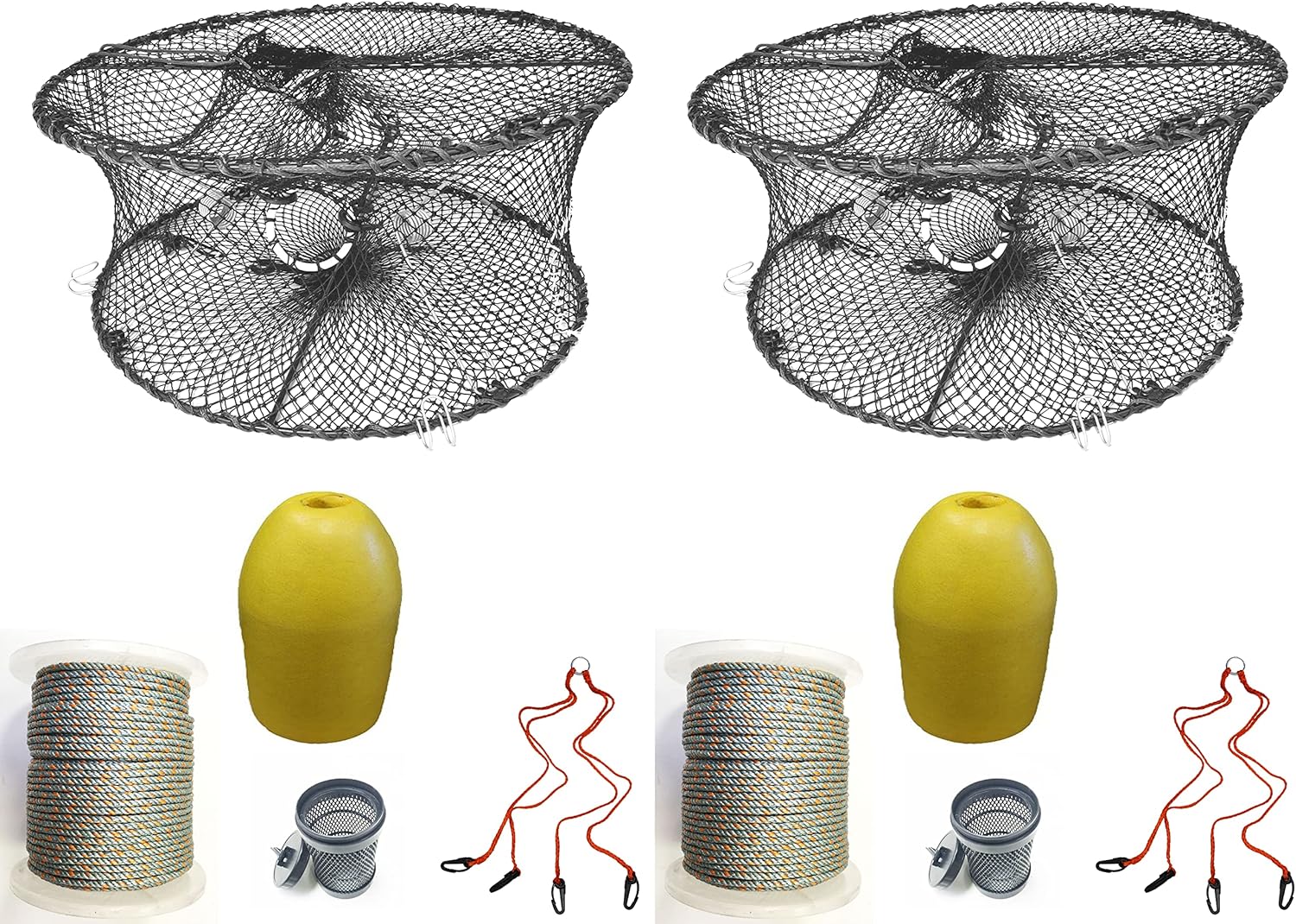 2-Pack of KUFA Sports Foldable Prawn Trap (Stretched Mesh Size:1-3/4") with 400' Rope, Yellow Float, Bait Bag & Harness Combo