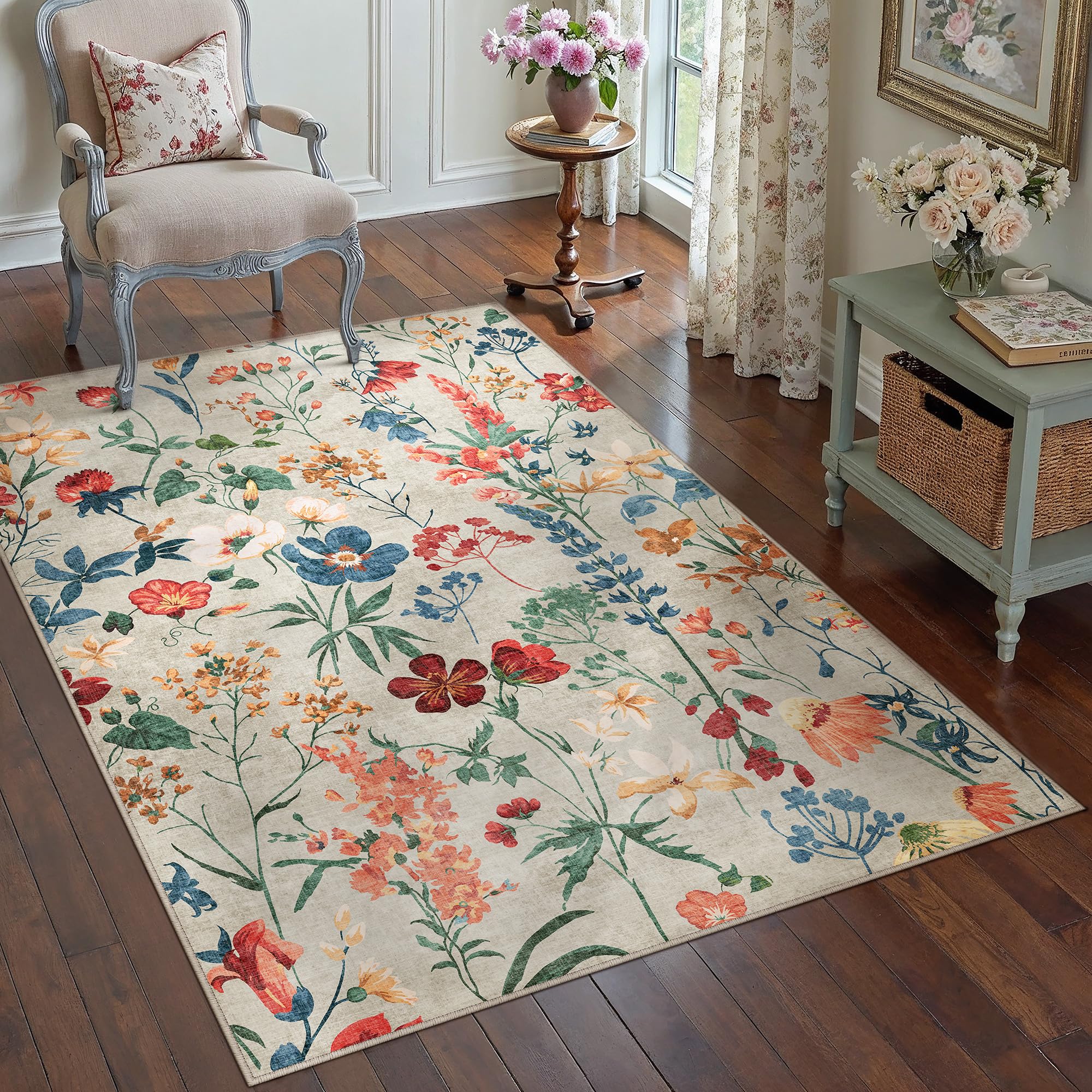 PureCozy Beige Area Rug 3x5 Office Floral Boho Door Mat Indoor Washable Kitchen Carpet Non Slip Bedroom Low Pile Lightweight Soft Throw Rug for Living