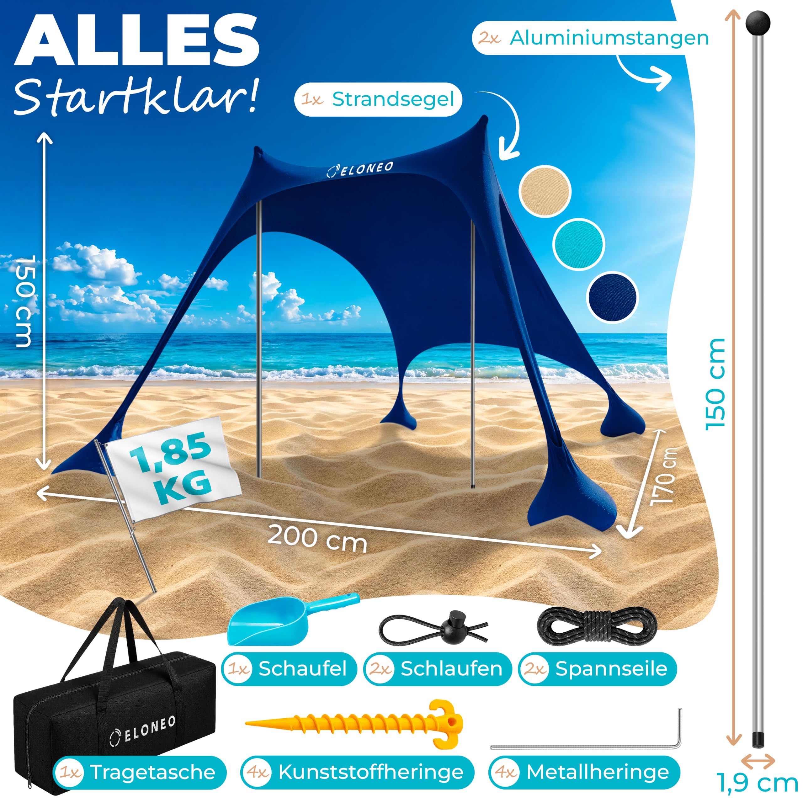 ELONEO Strandzelt, Sonnensegel Strand 200x170x150 cm, LSF 50+, Sonnenschutz für Strand mit Sandschaufel, Heringen und Stabilitätsstangen, Navy