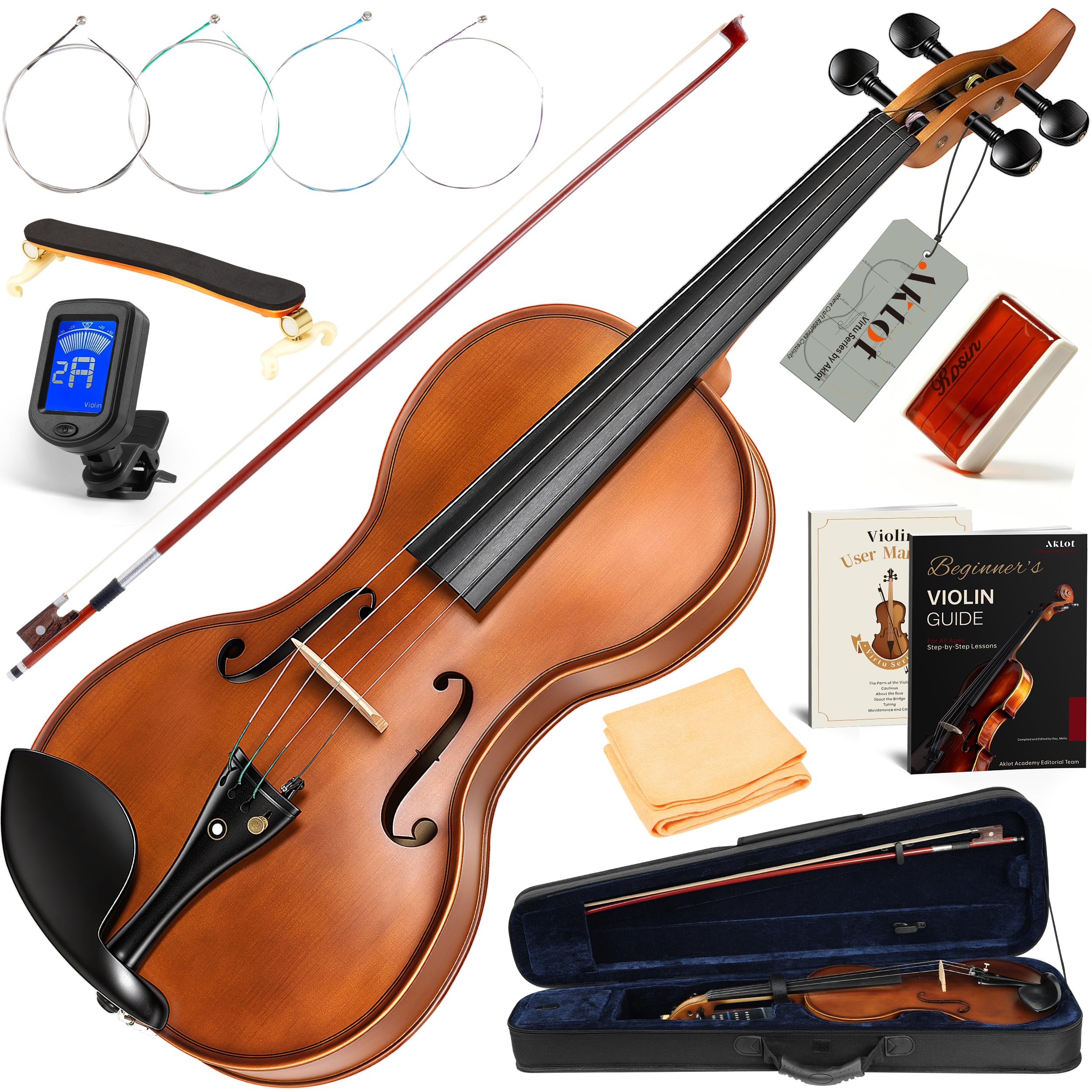 AKLOT 4/4 Full Size Violin: Ergonomic, Stable Tuning, Anti-crack Solid Wood, Premium Ebony, For Beginners, With Hard Case, Tuner, Spare Strings, Bow, Shoulder Rest, Lesson Book, Fingerboard Stickers